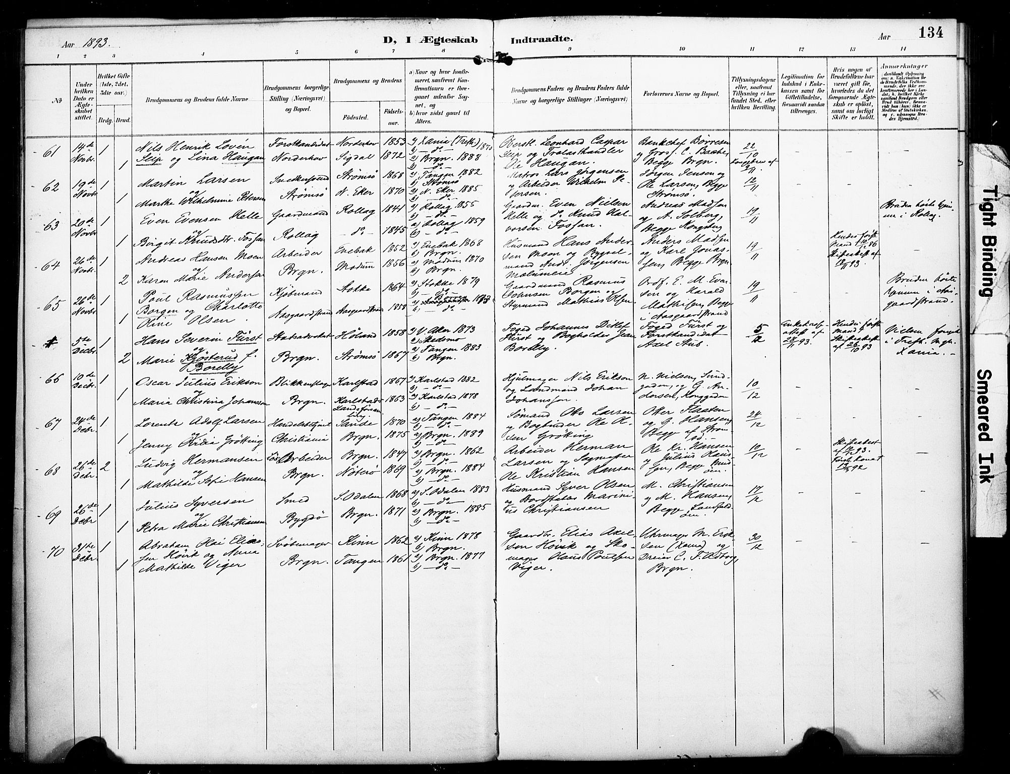 Bragernes kirkebøker, AV/SAKO-A-6/F/Fc/L0006: Parish register (official) no. III 6, 1888-1899, p. 134