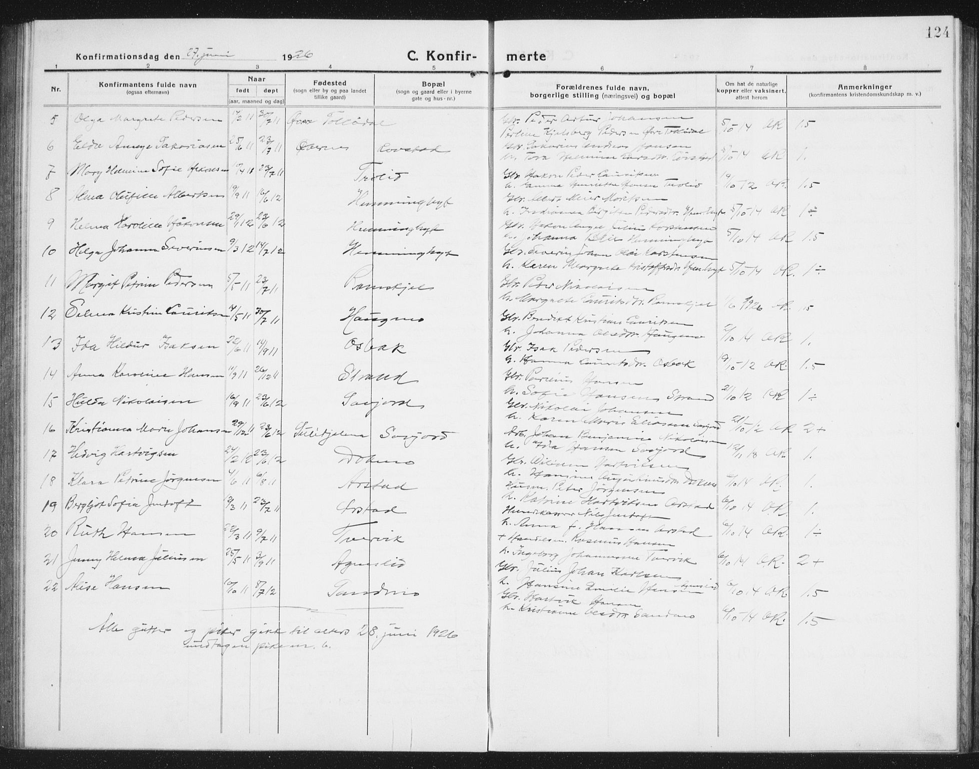 Ministerialprotokoller, klokkerbøker og fødselsregistre - Nordland, SAT/A-1459/846/L0656: Parish register (copy) no. 846C06, 1917-1936, p. 124