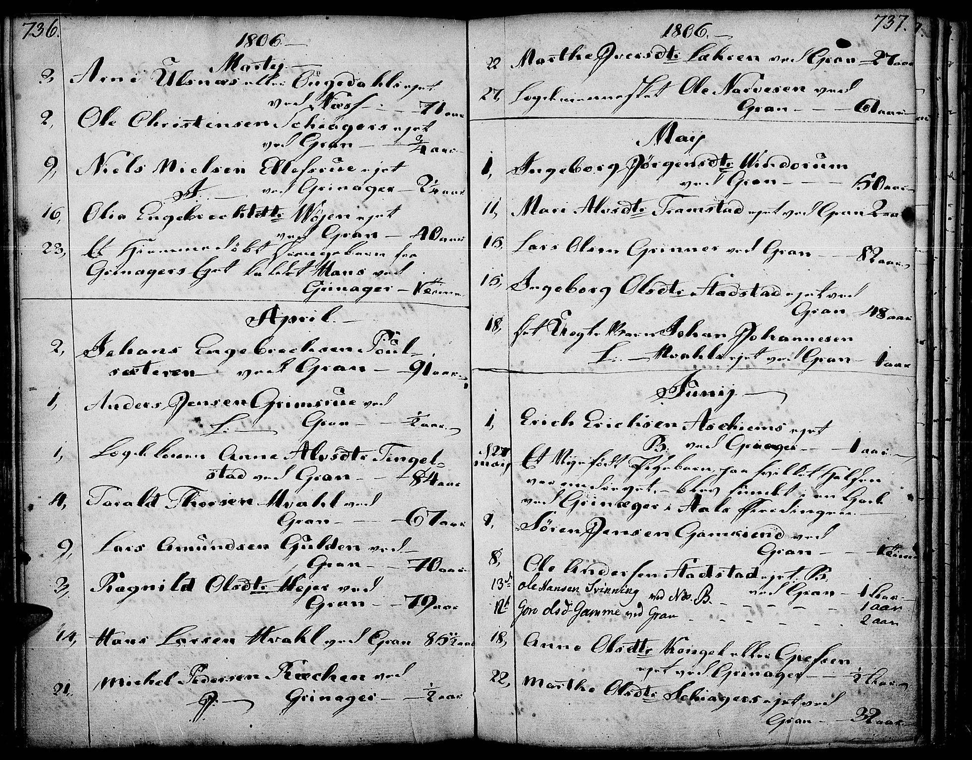 Gran prestekontor, AV/SAH-PREST-112/H/Ha/Haa/L0006: Parish register (official) no. 6, 1787-1824, p. 736-737