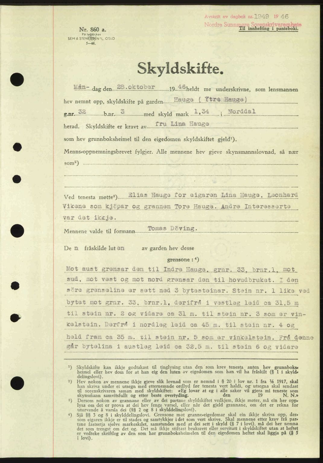 Nordre Sunnmøre sorenskriveri, AV/SAT-A-0006/1/2/2C/2Ca: Mortgage book no. A23, 1946-1947, Diary no: : 1949/1946