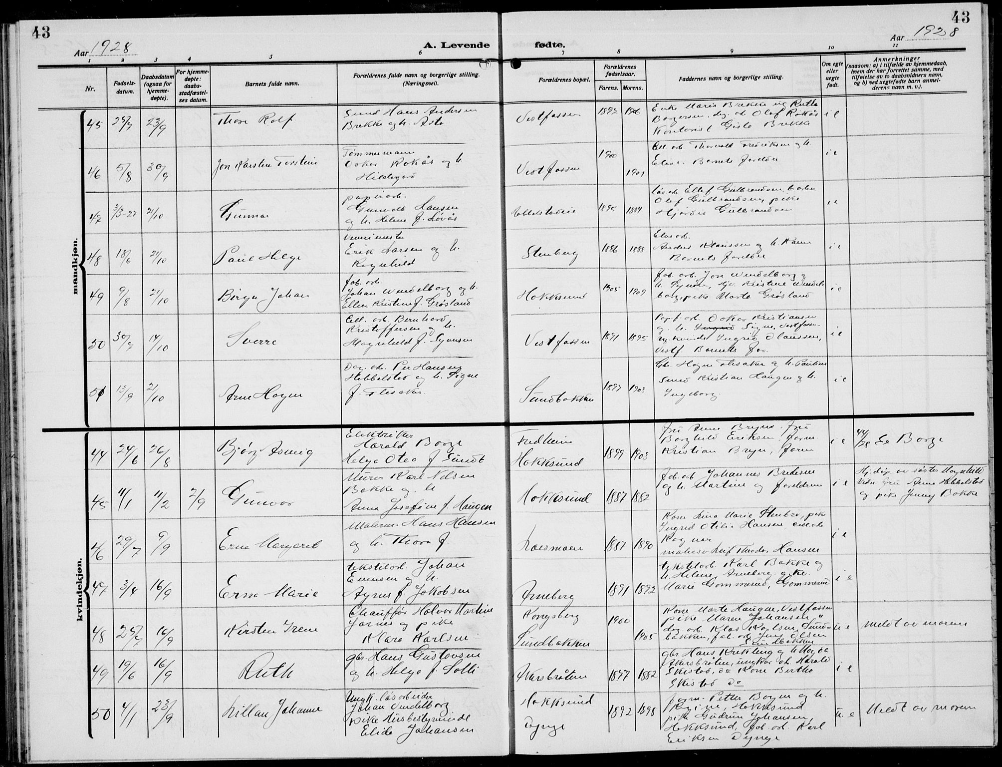 Eiker kirkebøker, AV/SAKO-A-4/G/Ga/L0010: Parish register (copy) no. I 10, 1925-1934, p. 43