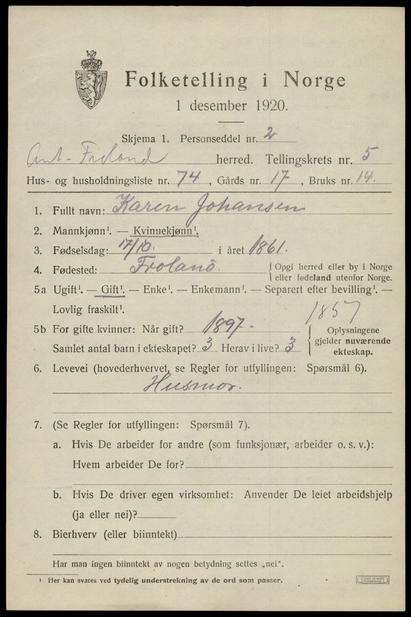 SAK, 1920 census for Fjære, 1920, p. 8113