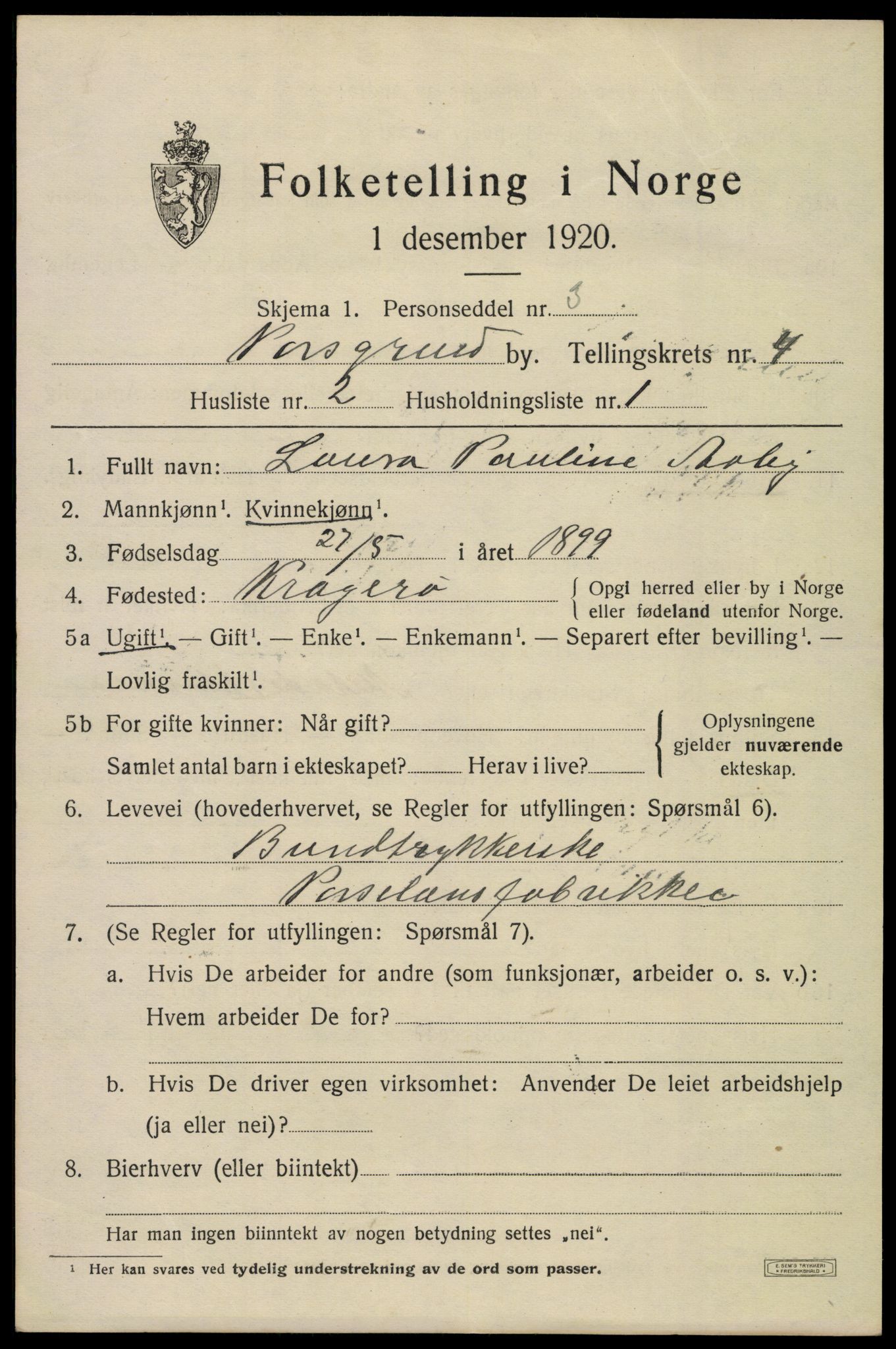 SAKO, 1920 census for Porsgrunn, 1920, p. 18905
