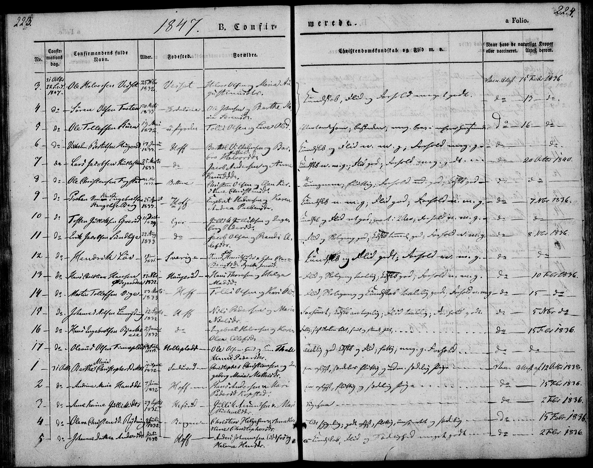 Hof kirkebøker, SAKO/A-64/F/Fa/L0005: Parish register (official) no. I 5, 1844-1851, p. 223-224