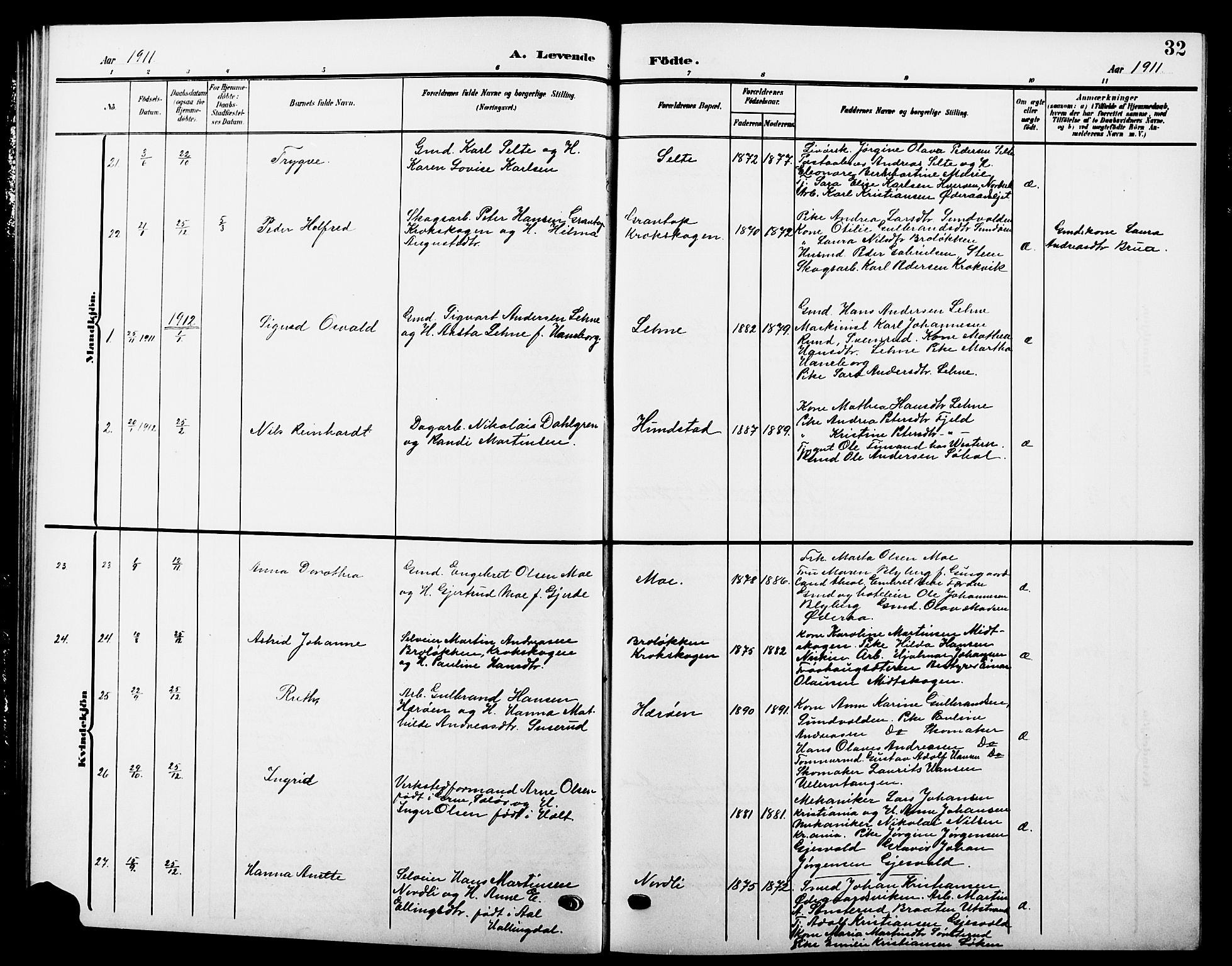 Hole kirkebøker, SAKO/A-228/G/Ga/L0004: Parish register (copy) no. I 4, 1905-1924, p. 32