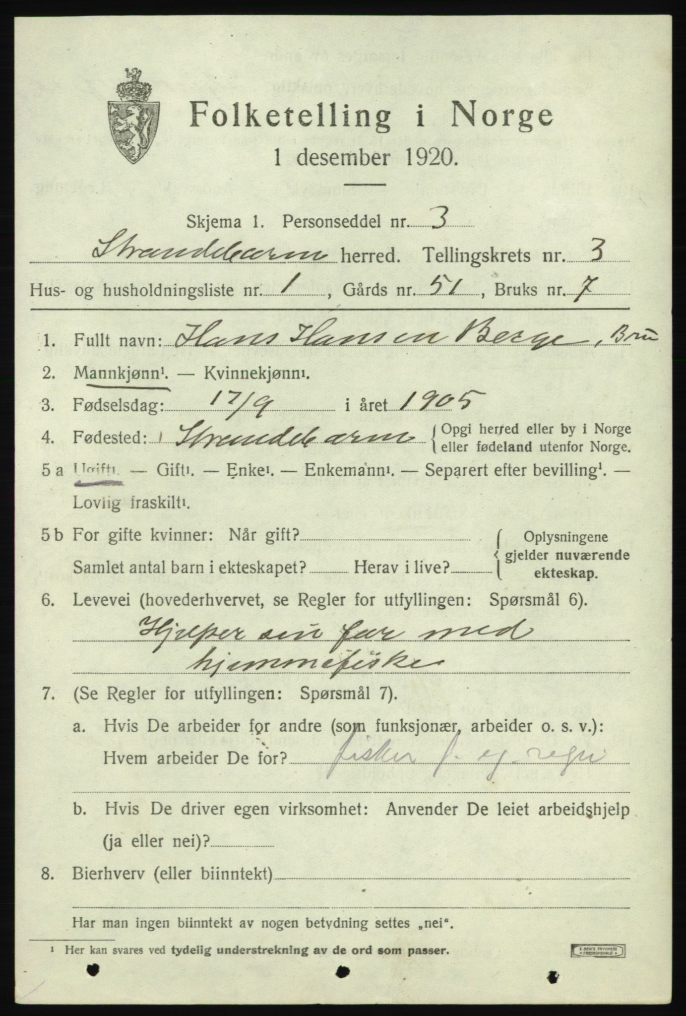 SAB, 1920 census for Strandebarm, 1920, p. 2620