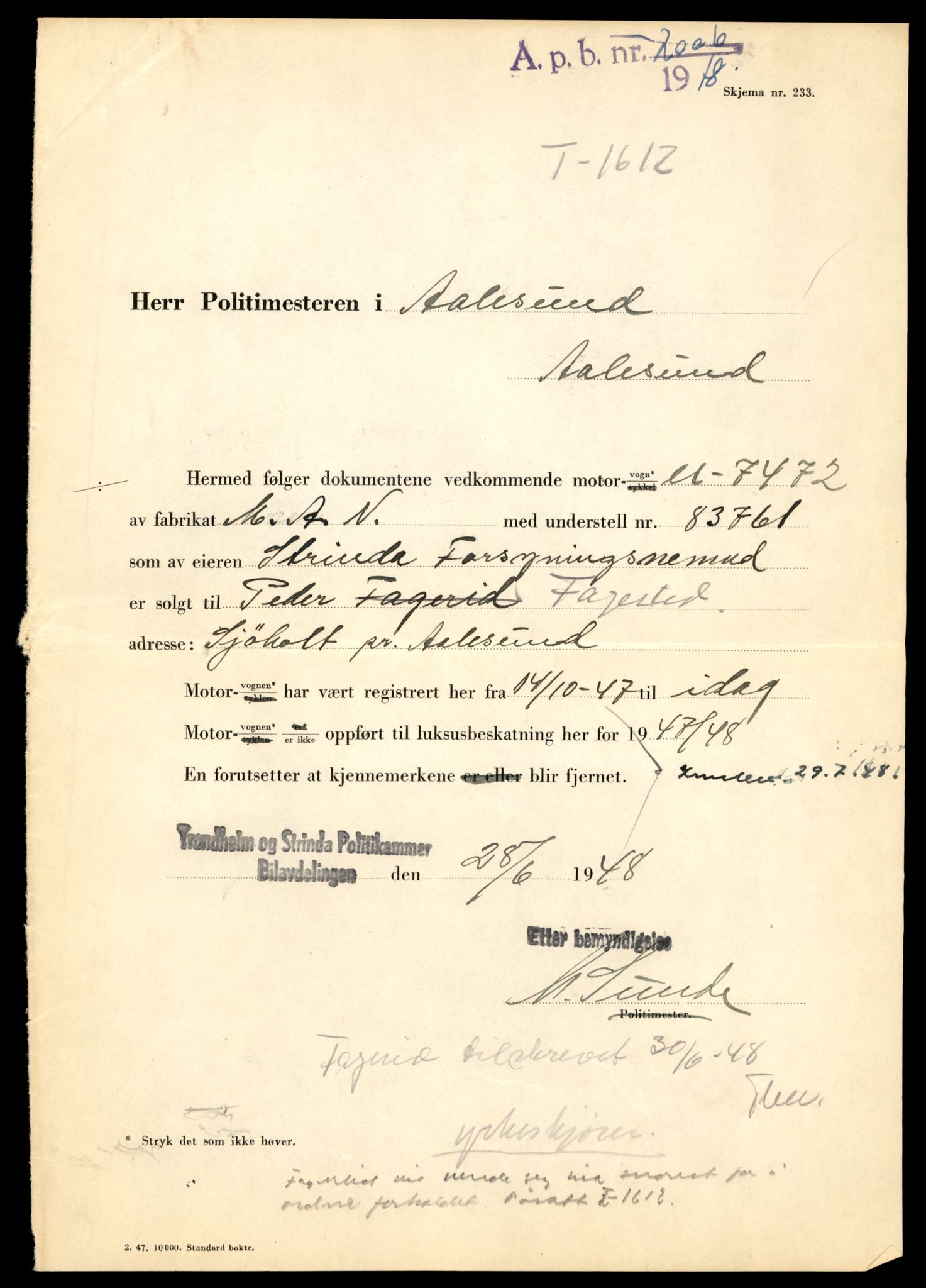 Møre og Romsdal vegkontor - Ålesund trafikkstasjon, AV/SAT-A-4099/F/Fe/L0033: Registreringskort for kjøretøy T 12151 - T 12474, 1927-1998, p. 1501
