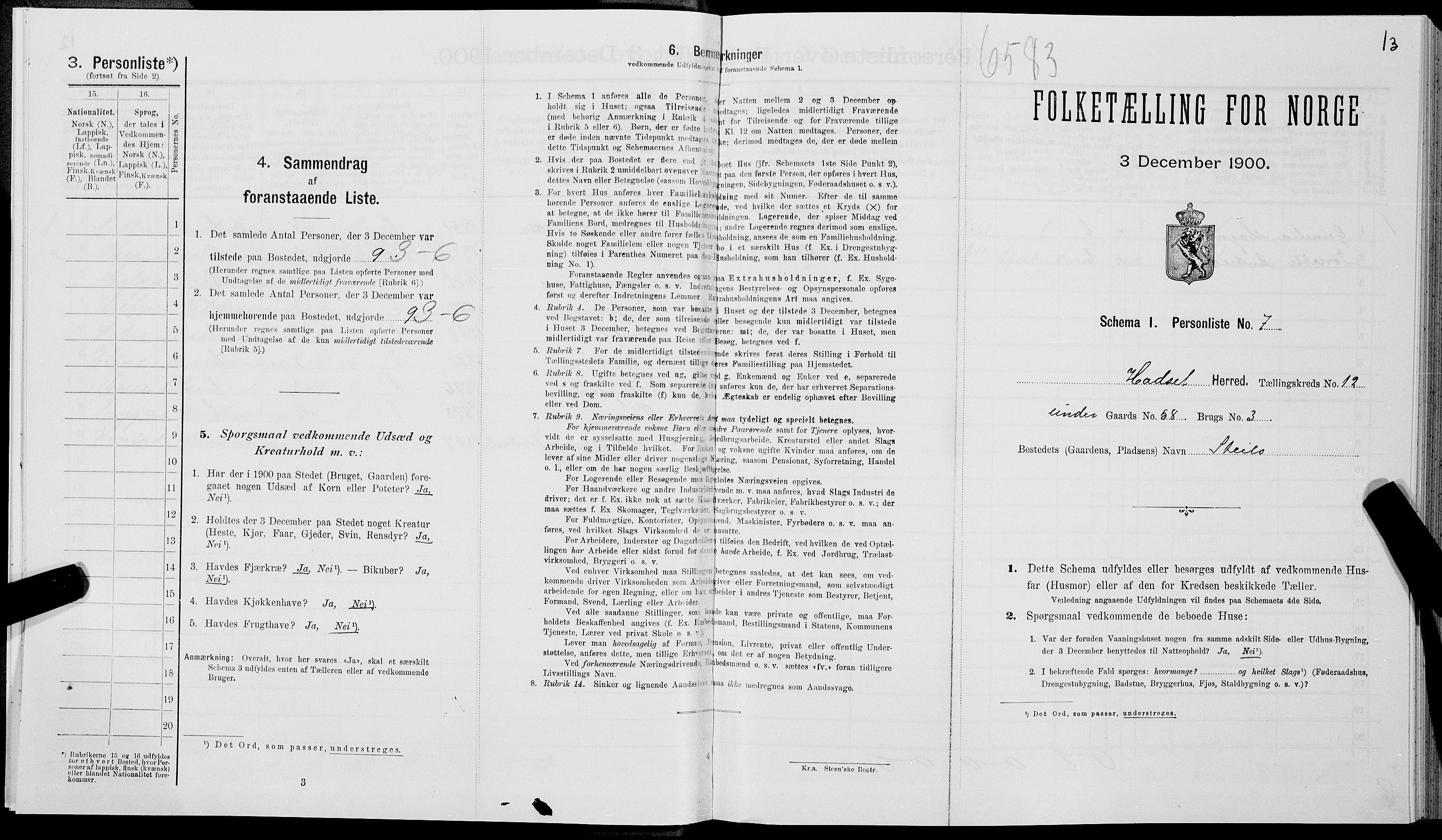 SAT, 1900 census for Hadsel, 1900, p. 1118