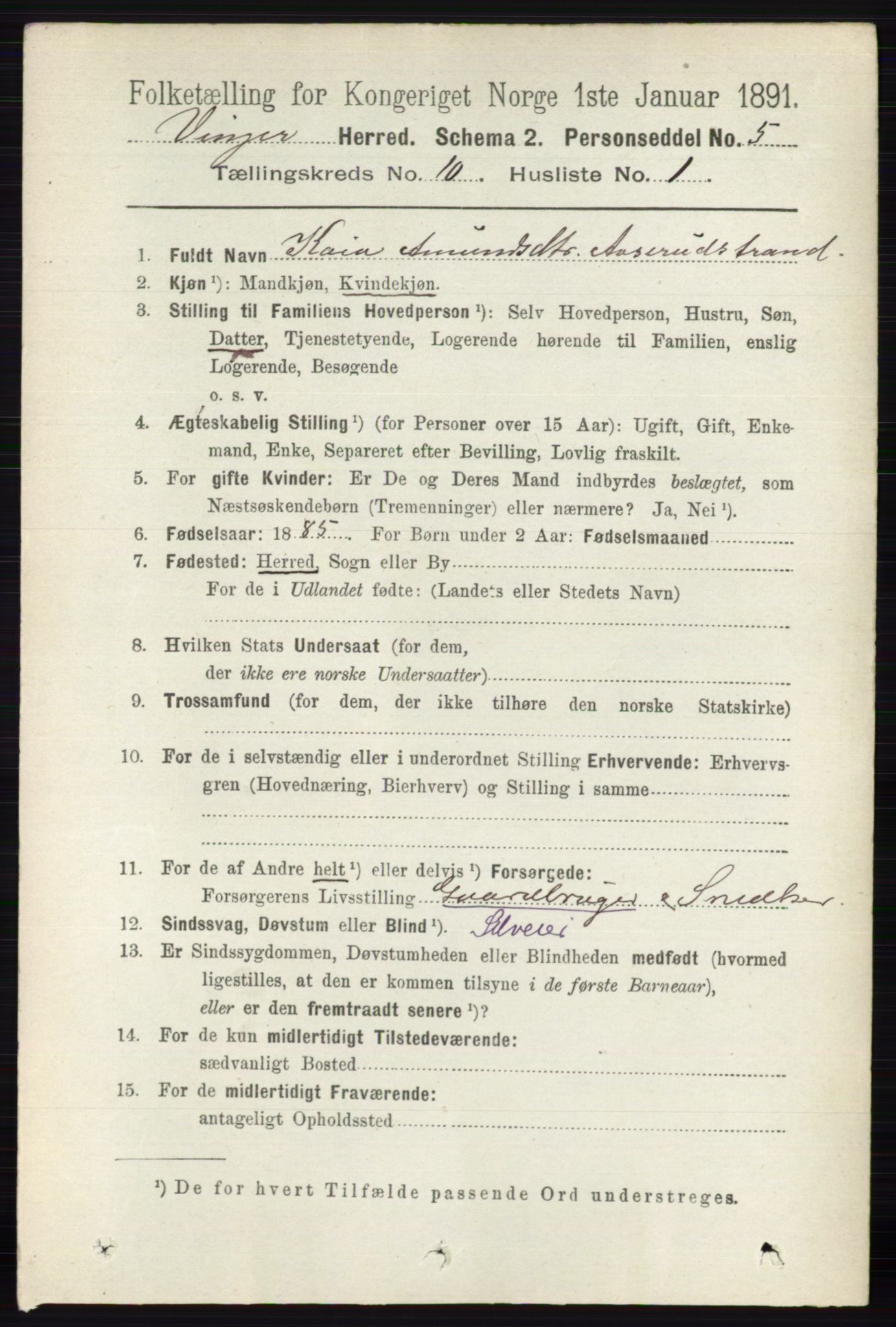 RA, 1891 census for 0421 Vinger, 1891, p. 4884