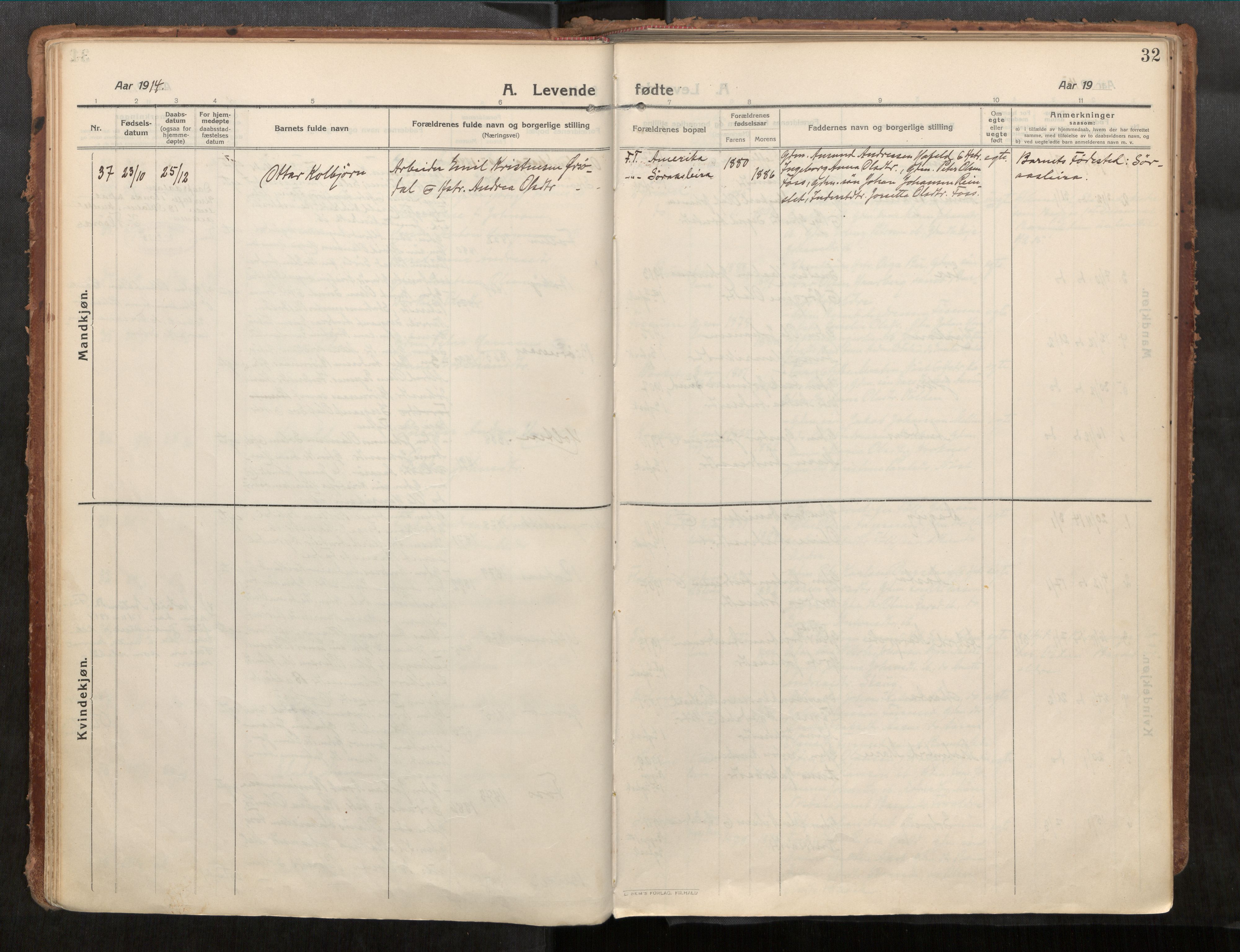 Stadsbygd sokneprestkontor, SAT/A-1117/1/I/I1/I1a/L0001: Parish register (official) no. 1, 1911-1929, p. 32