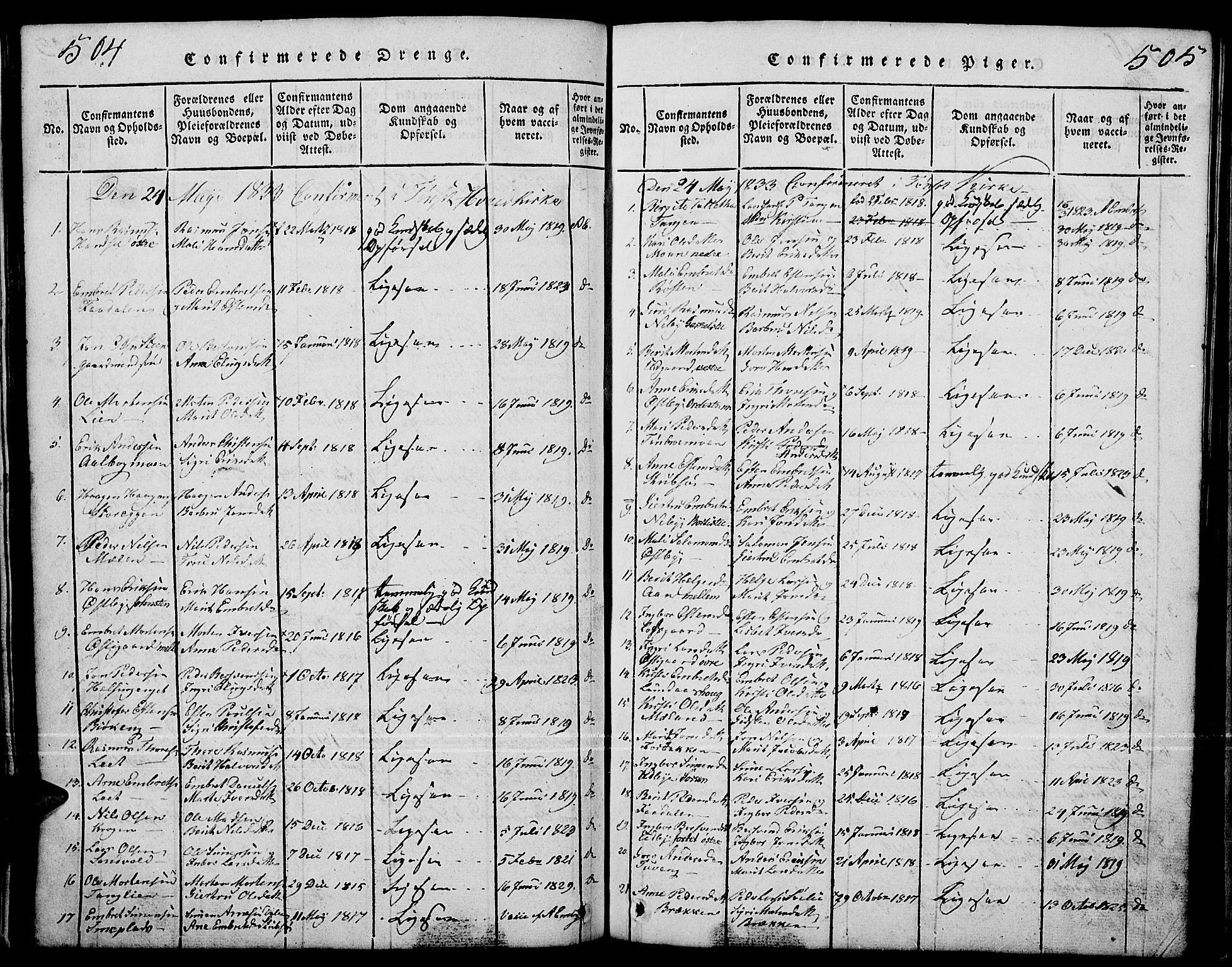 Tynset prestekontor, SAH/PREST-058/H/Ha/Hab/L0001: Parish register (copy) no. 1, 1814-1859, p. 504-505