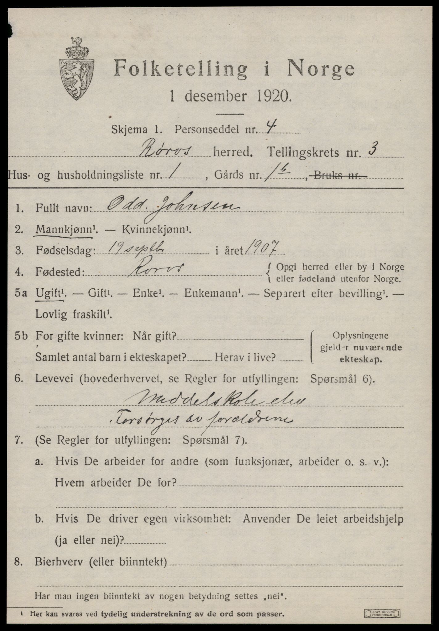 SAT, 1920 census for Røros, 1920, p. 3906