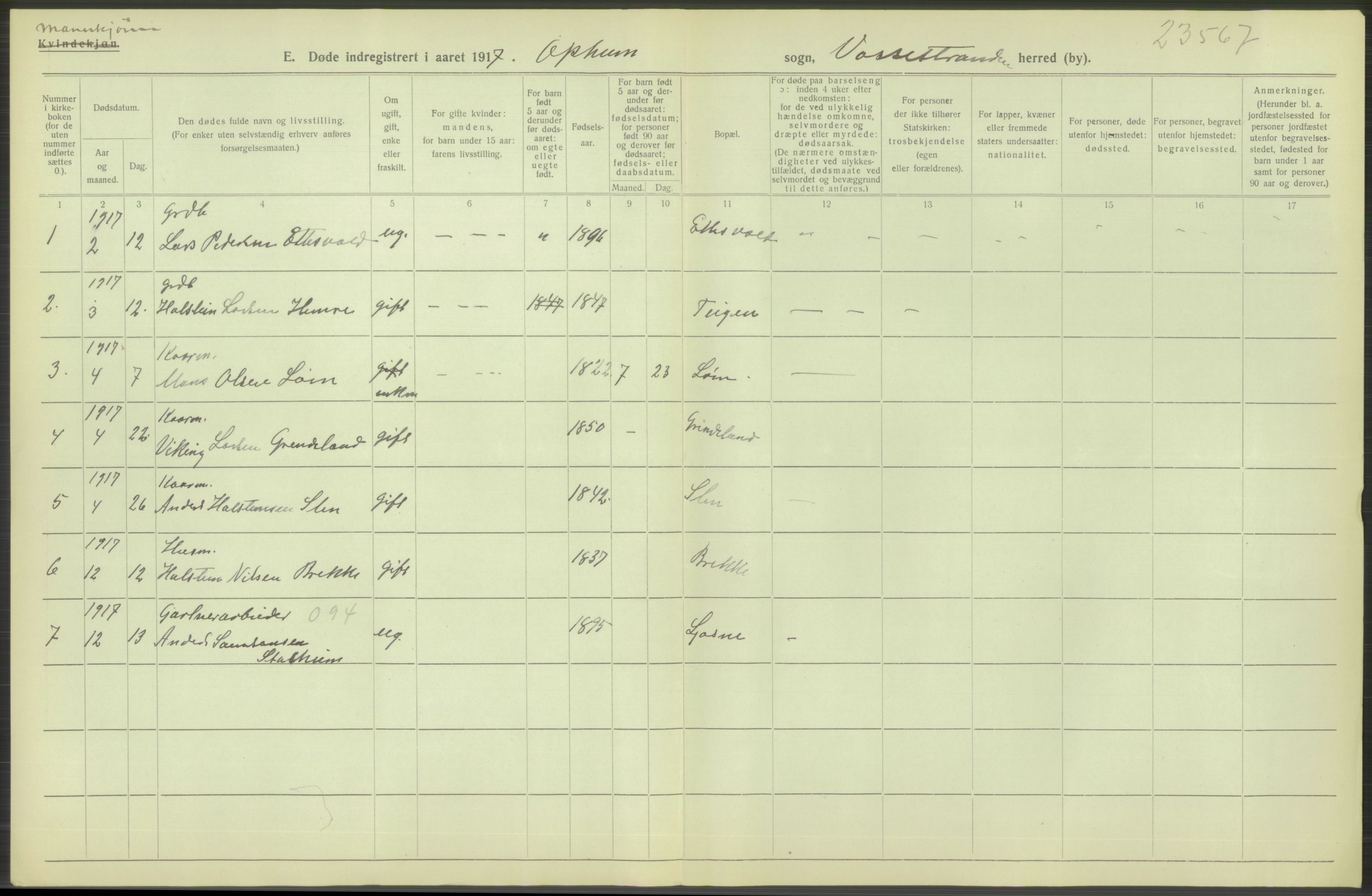 Statistisk sentralbyrå, Sosiodemografiske emner, Befolkning, RA/S-2228/D/Df/Dfb/Dfbg/L0036: S. Bergenhus amt: Døde, dødfødte. Bygder., 1917, p. 660