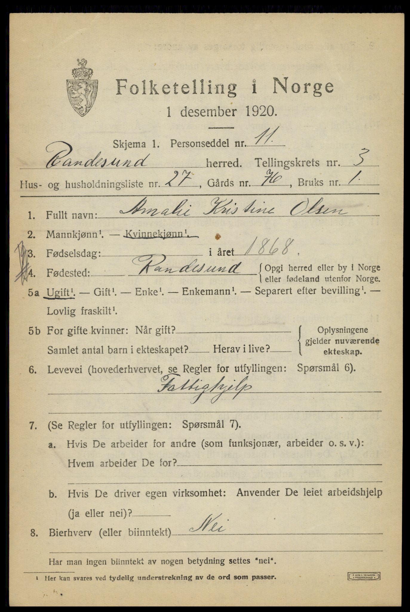 SAK, 1920 census for Randesund, 1920, p. 1778