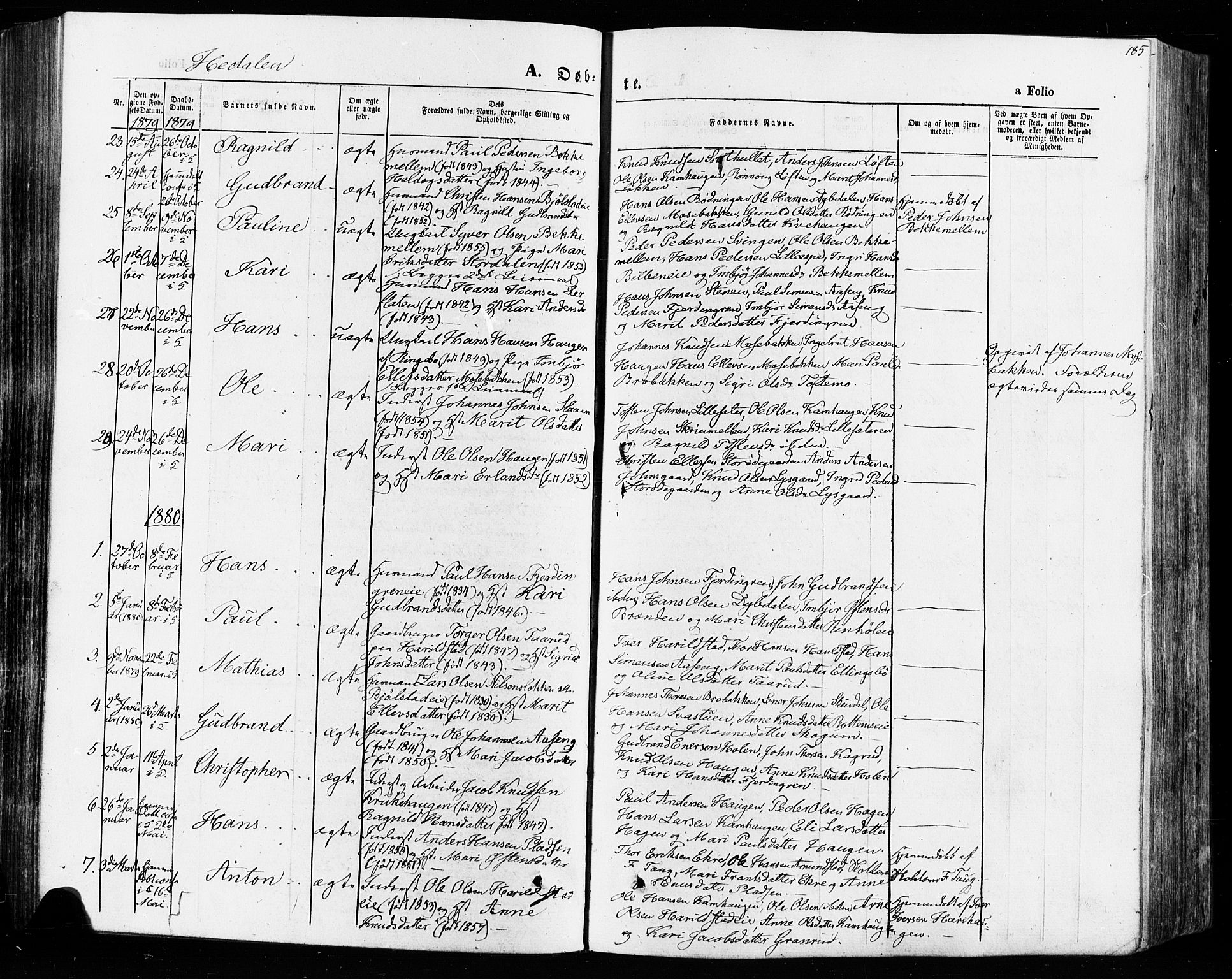 Vågå prestekontor, AV/SAH-PREST-076/H/Ha/Haa/L0007: Parish register (official) no. 7 /2, 1873-1886, p. 185