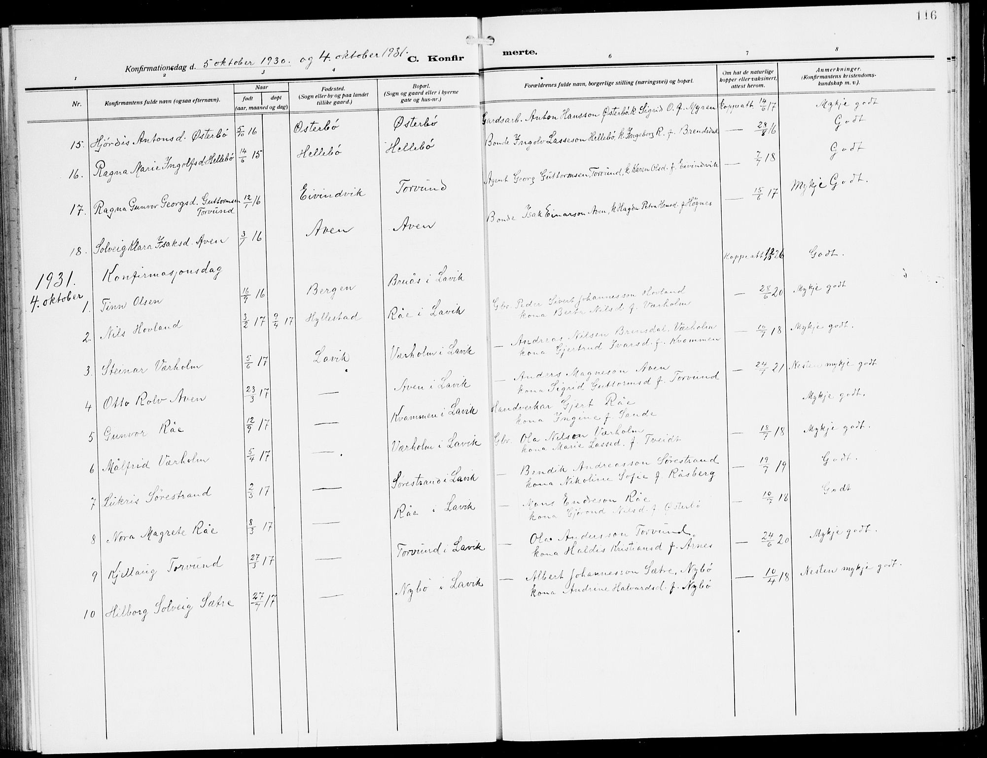 Lavik sokneprestembete, SAB/A-80901: Parish register (copy) no. A 3, 1911-1942, p. 116