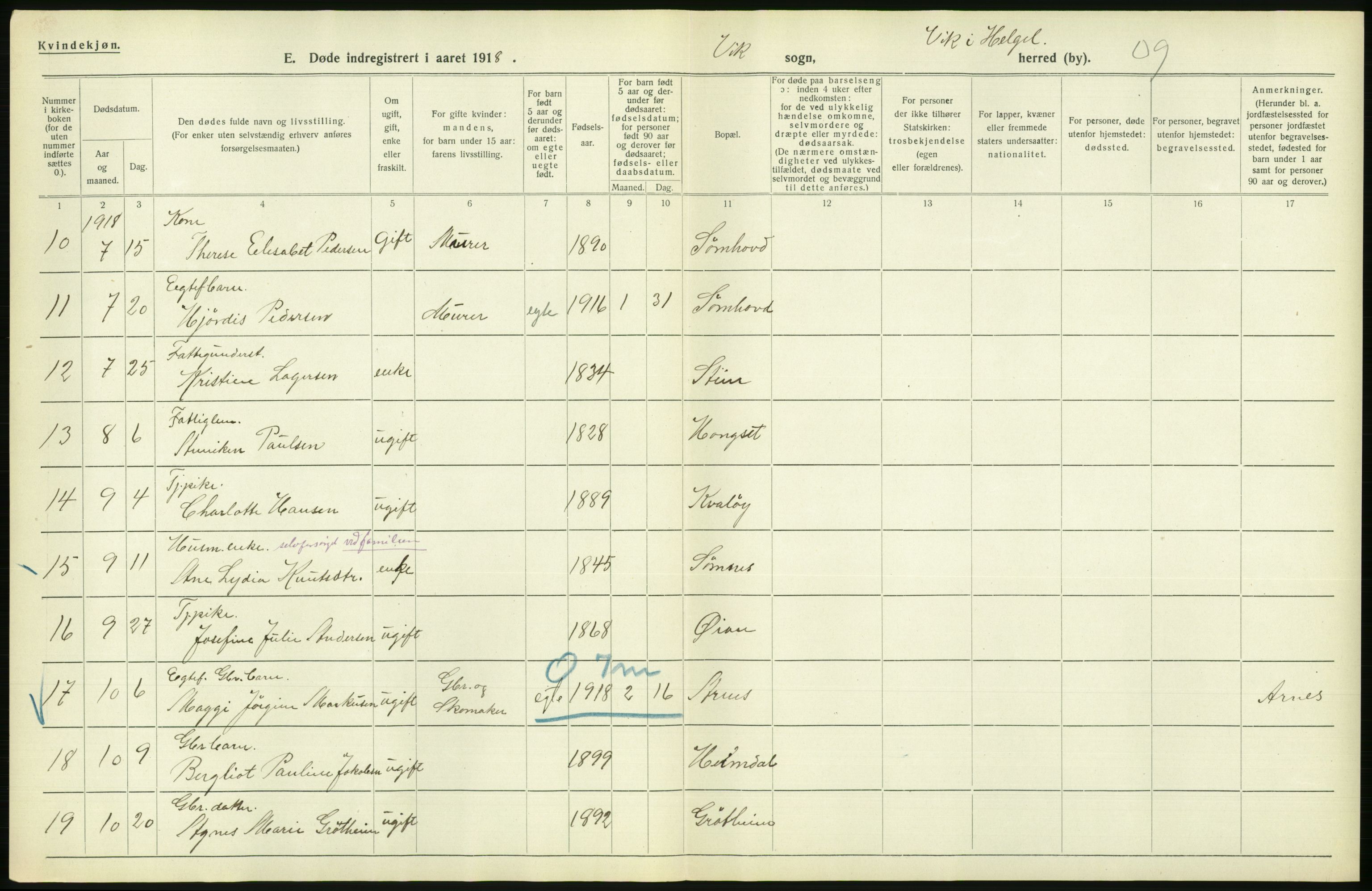 Statistisk sentralbyrå, Sosiodemografiske emner, Befolkning, AV/RA-S-2228/D/Df/Dfb/Dfbh/L0055: Nordland fylke: Døde. Bygder og byer., 1918, p. 184