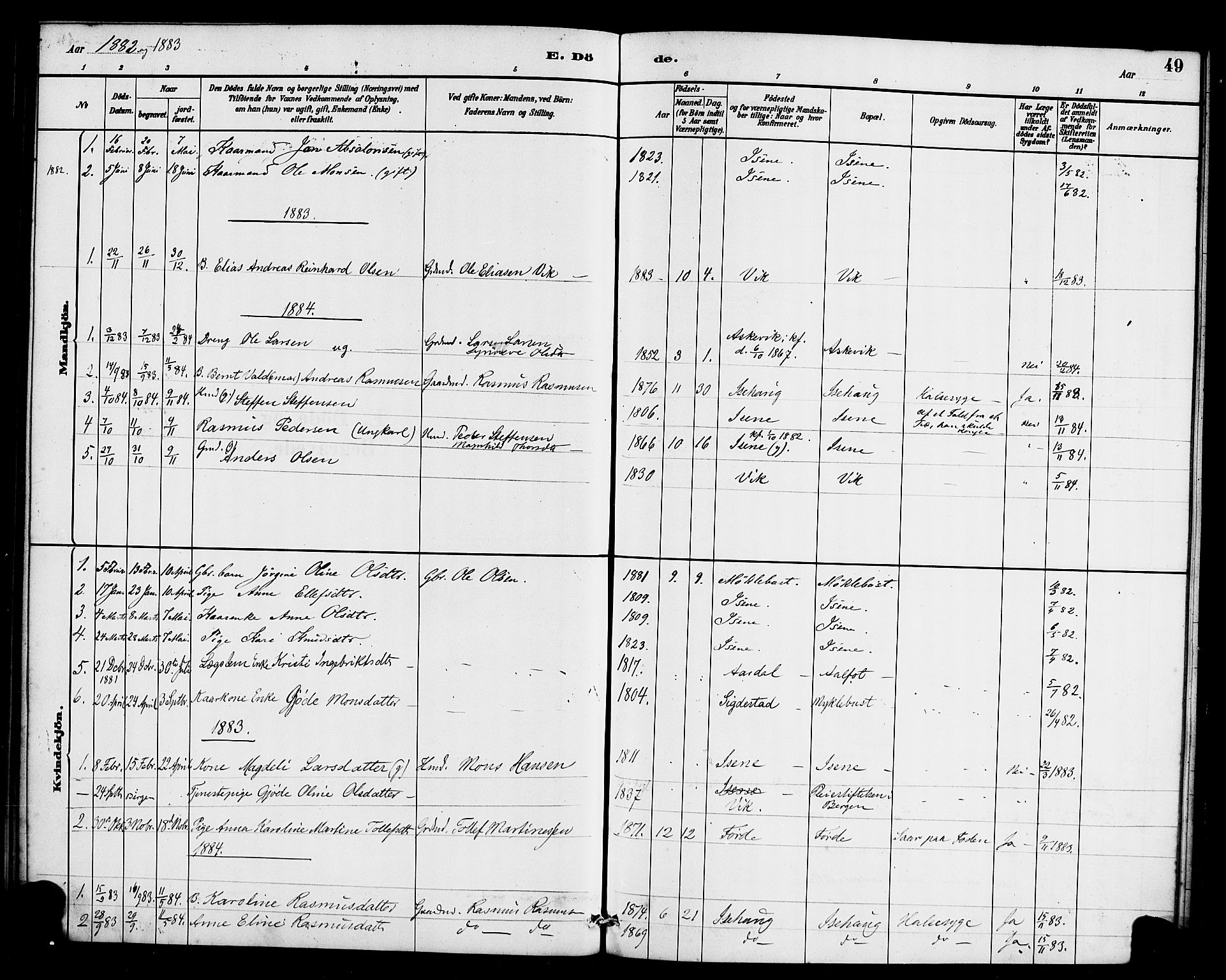 Davik sokneprestembete, AV/SAB-A-79701/H/Haa/Haae/L0001: Parish register (official) no. E 1, 1882-1900, p. 49