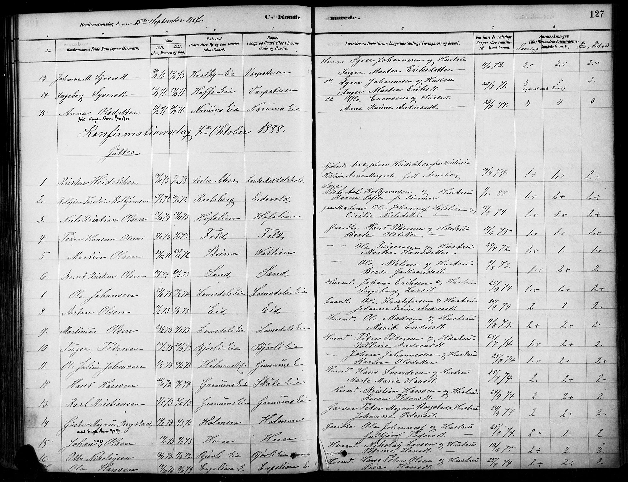 Søndre Land prestekontor, SAH/PREST-122/K/L0003: Parish register (official) no. 3, 1878-1894, p. 127