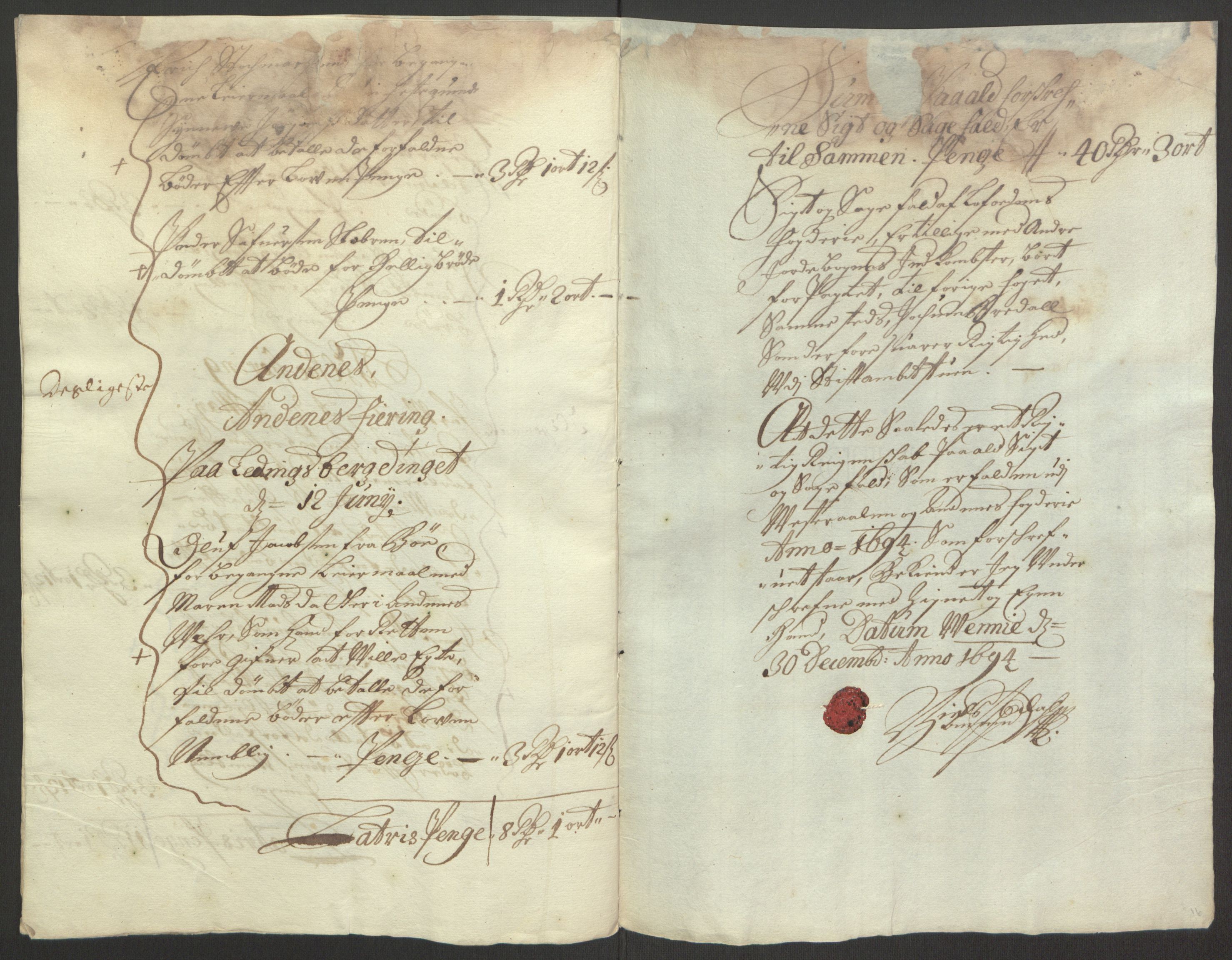 Rentekammeret inntil 1814, Reviderte regnskaper, Fogderegnskap, AV/RA-EA-4092/R67/L4677: Fogderegnskap Vesterålen, Andenes og Lofoten, 1694-1695, p. 148