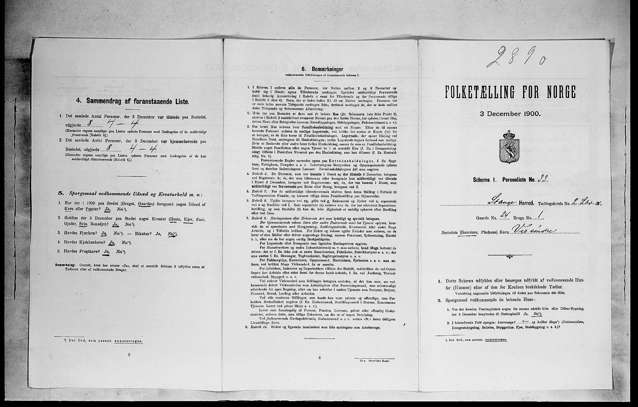 SAH, 1900 census for Stange, 1900, p. 454