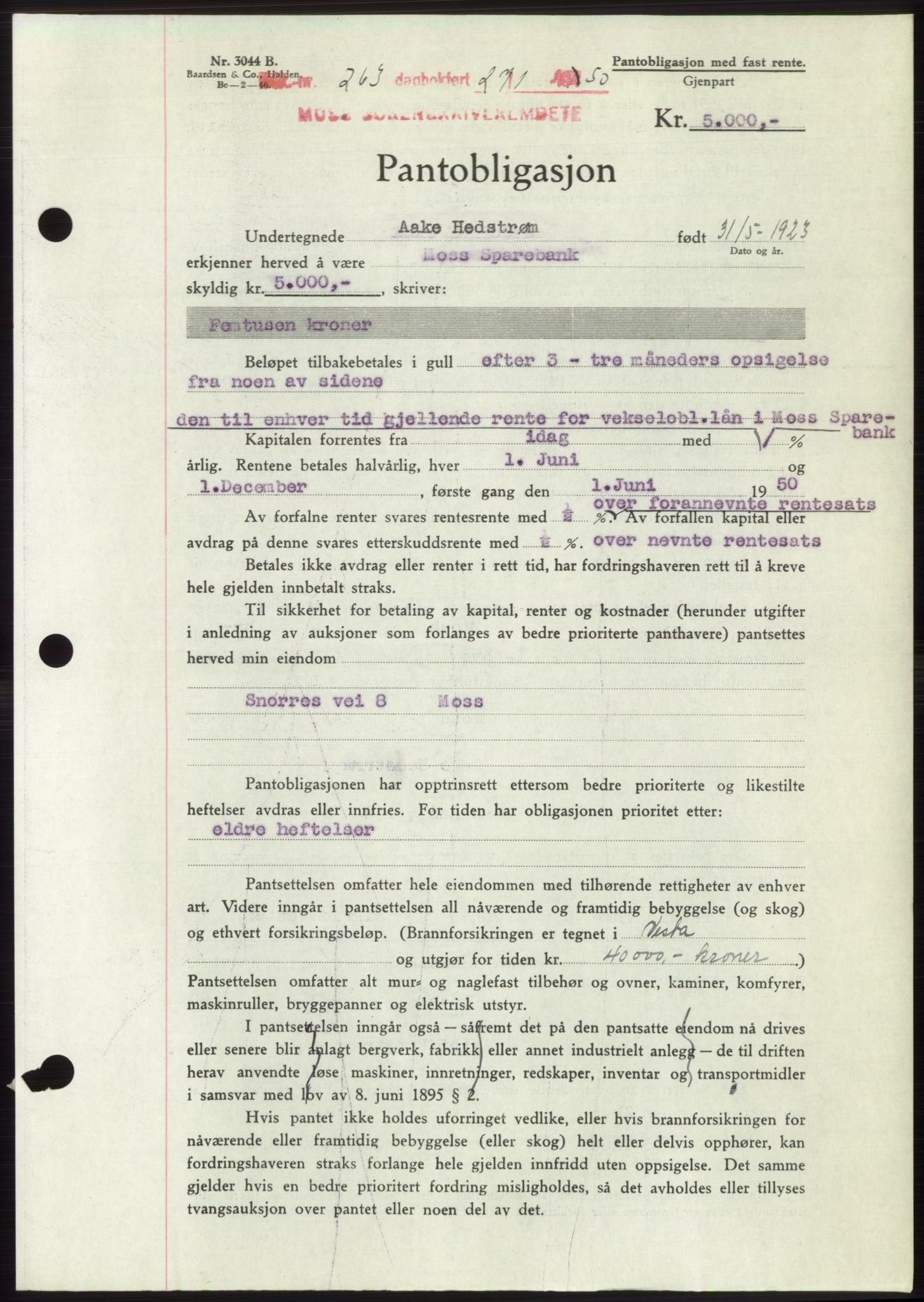 Moss sorenskriveri, SAO/A-10168: Mortgage book no. B23, 1949-1950, Diary no: : 263/1950