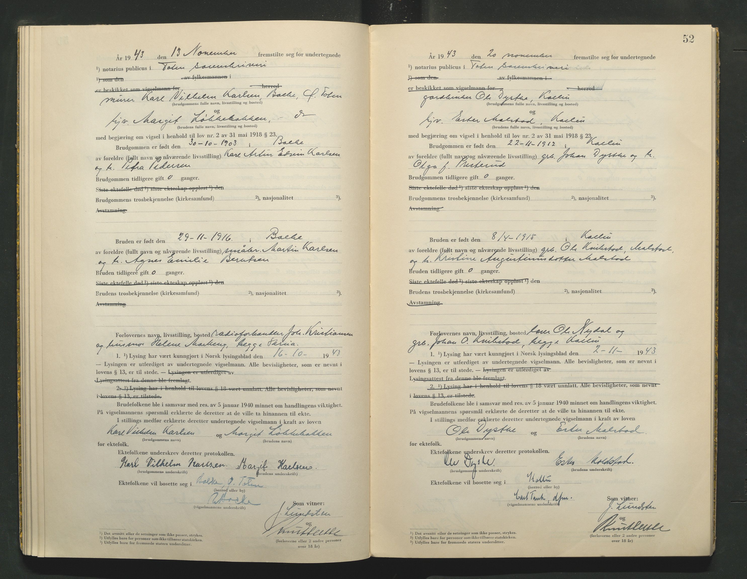 Toten tingrett, AV/SAH-TING-006/L/Lc/L0003: Vigselbok, 1943-1944, p. 52