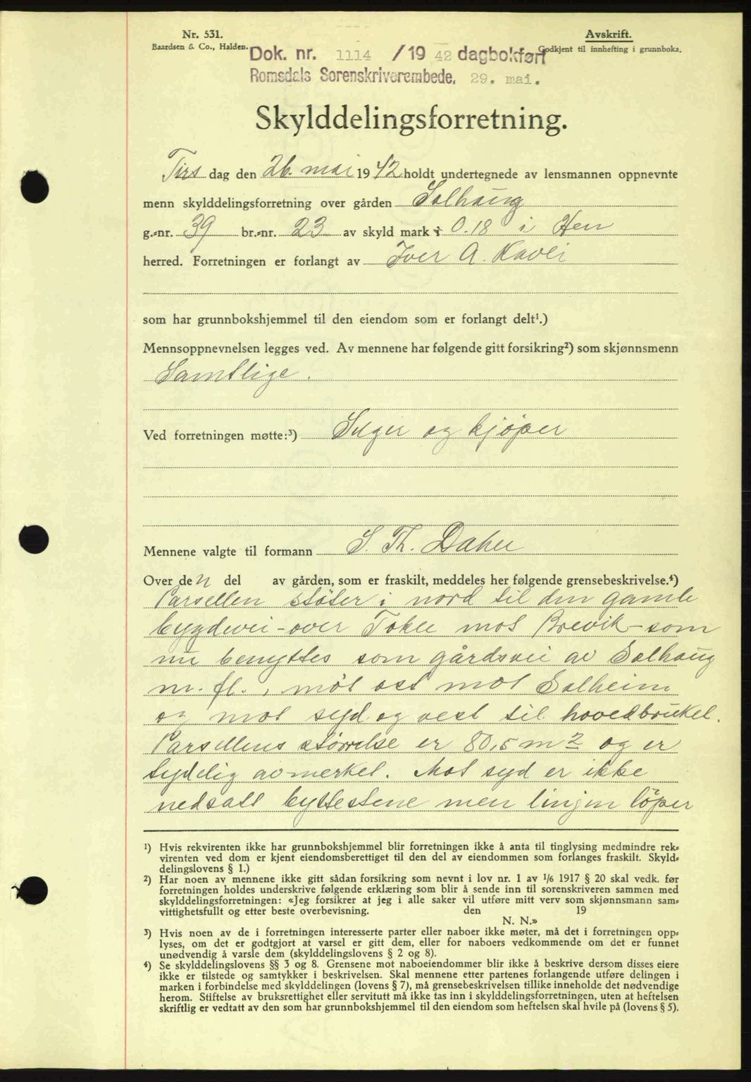 Romsdal sorenskriveri, AV/SAT-A-4149/1/2/2C: Mortgage book no. A12, 1942-1942, Diary no: : 1114/1942