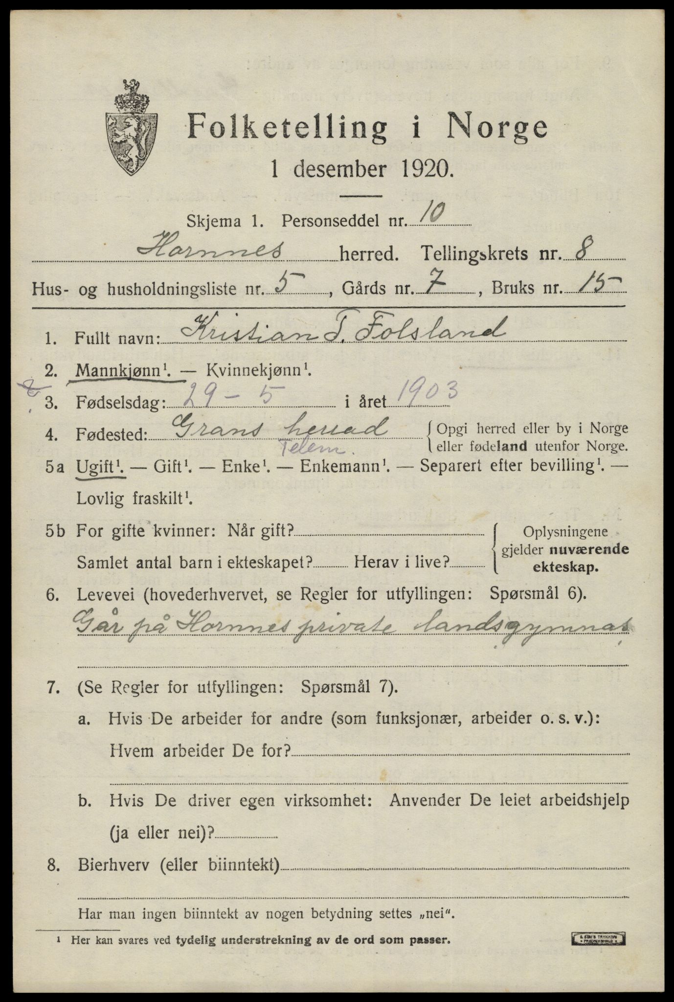 SAK, 1920 census for Hornnes, 1920, p. 1849