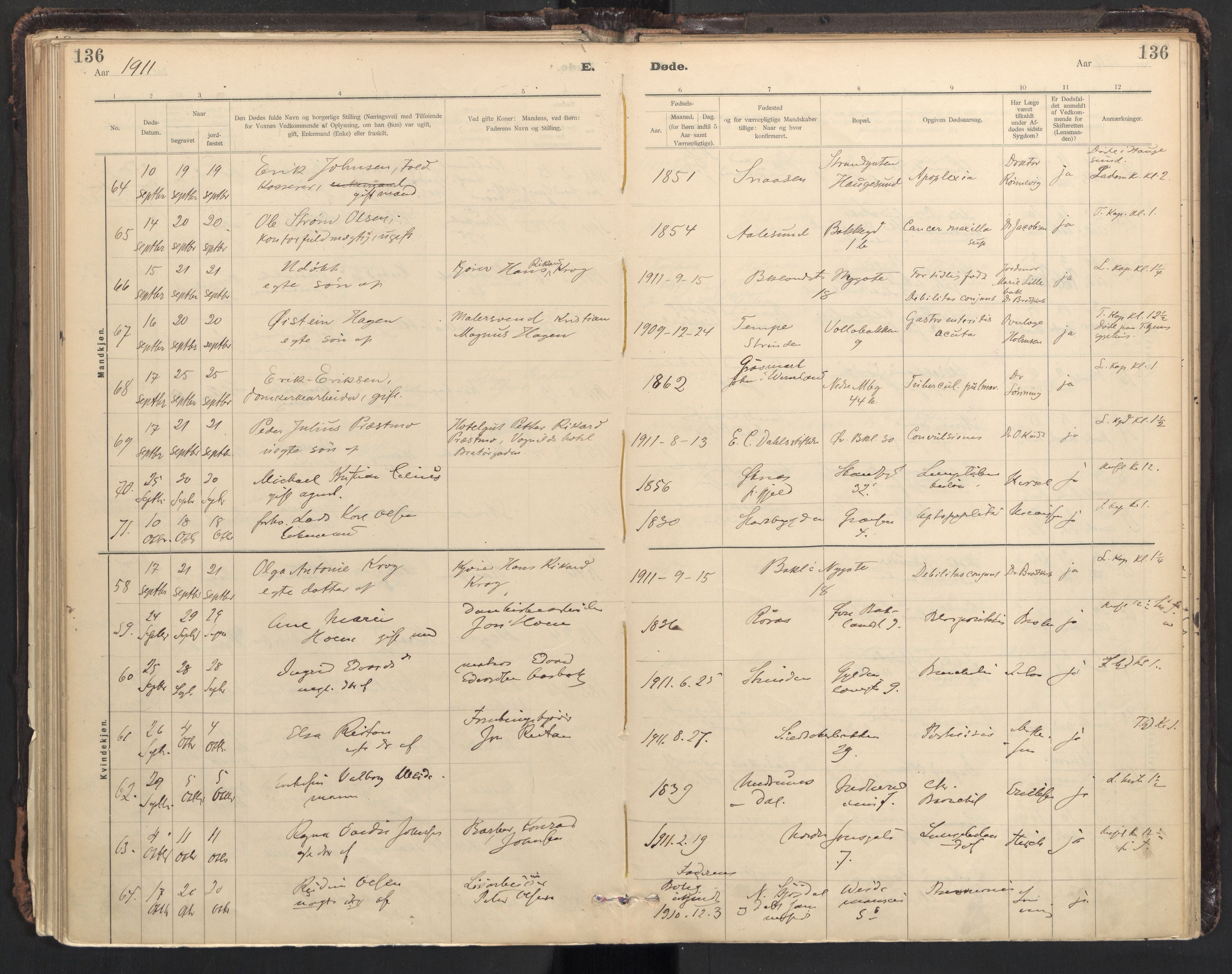 Ministerialprotokoller, klokkerbøker og fødselsregistre - Sør-Trøndelag, AV/SAT-A-1456/604/L0204: Parish register (official) no. 604A24, 1911-1920, p. 136