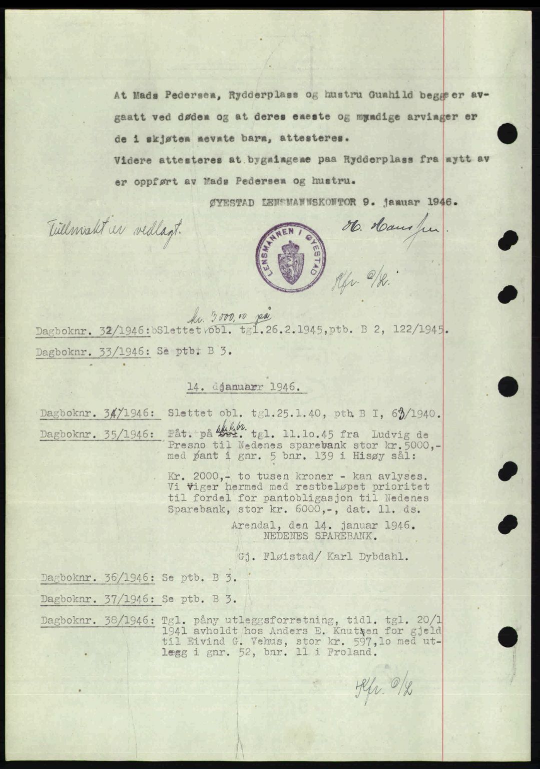 Nedenes sorenskriveri, AV/SAK-1221-0006/G/Gb/Gba/L0054: Mortgage book no. A6c, 1946-1946, Diary no: : 31/1946