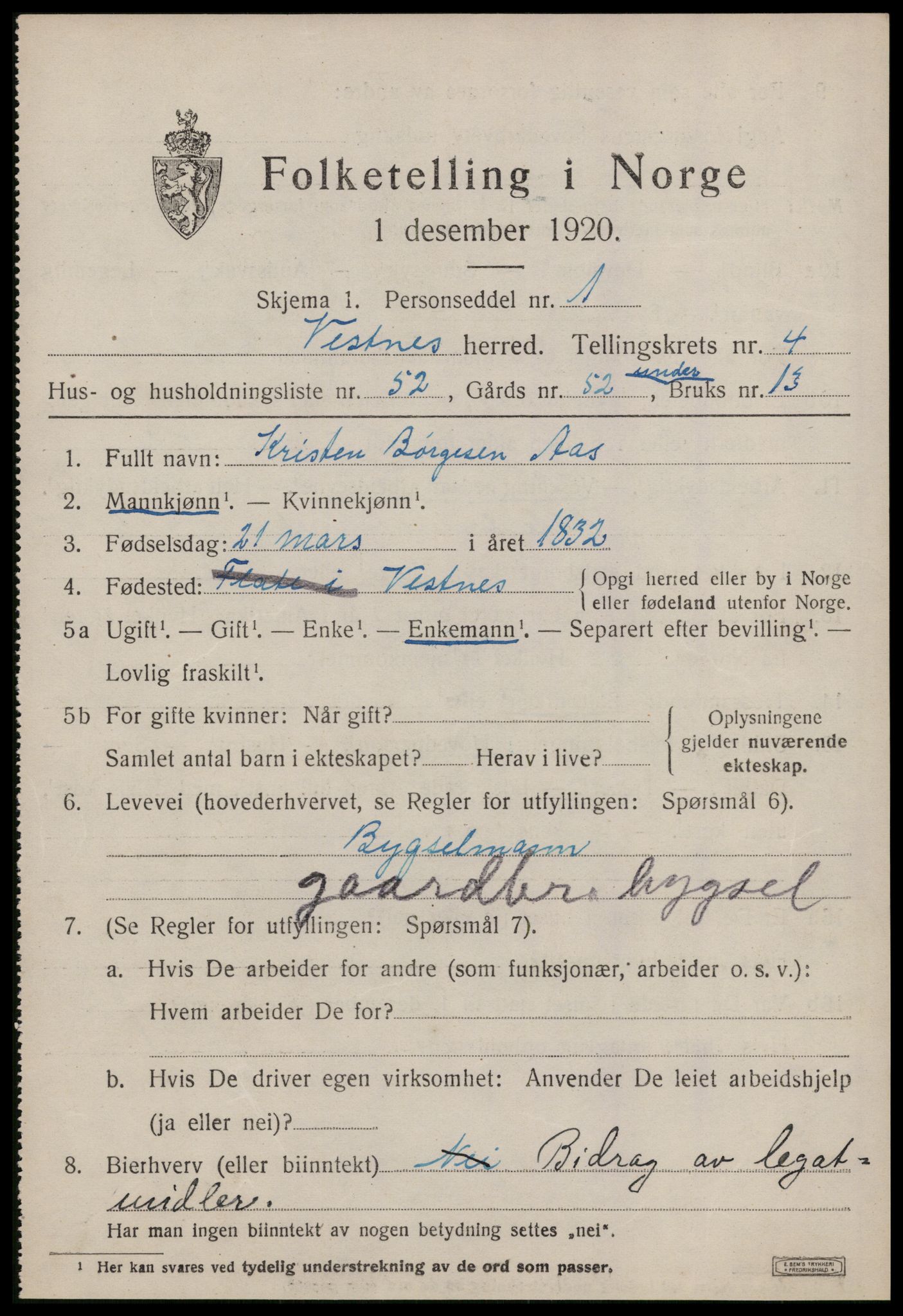 SAT, 1920 census for Vestnes, 1920, p. 3873