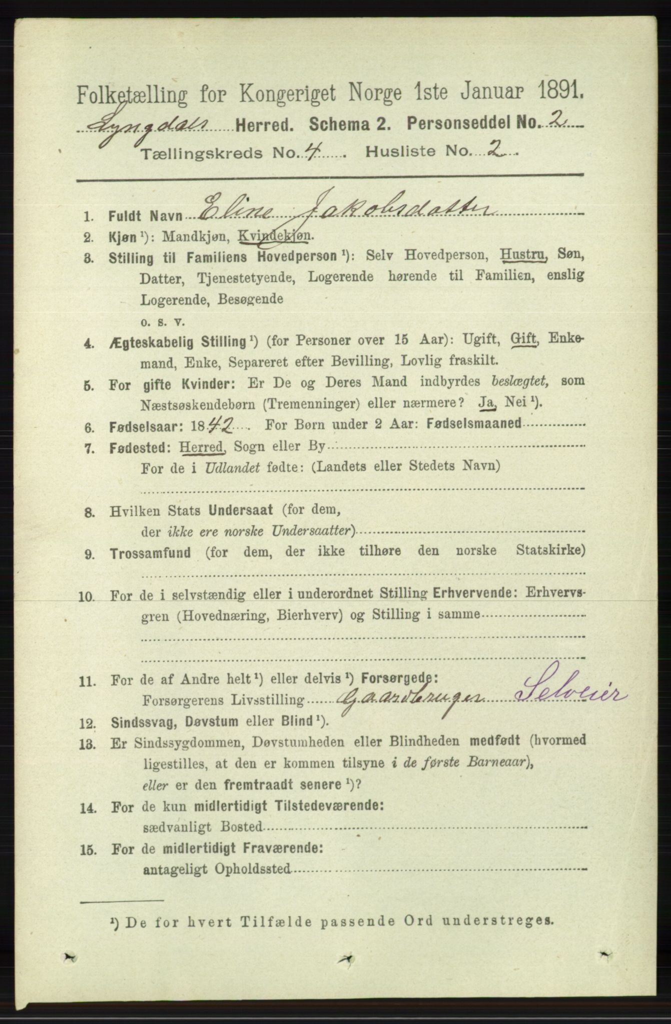 RA, 1891 census for 1032 Lyngdal, 1891, p. 1433