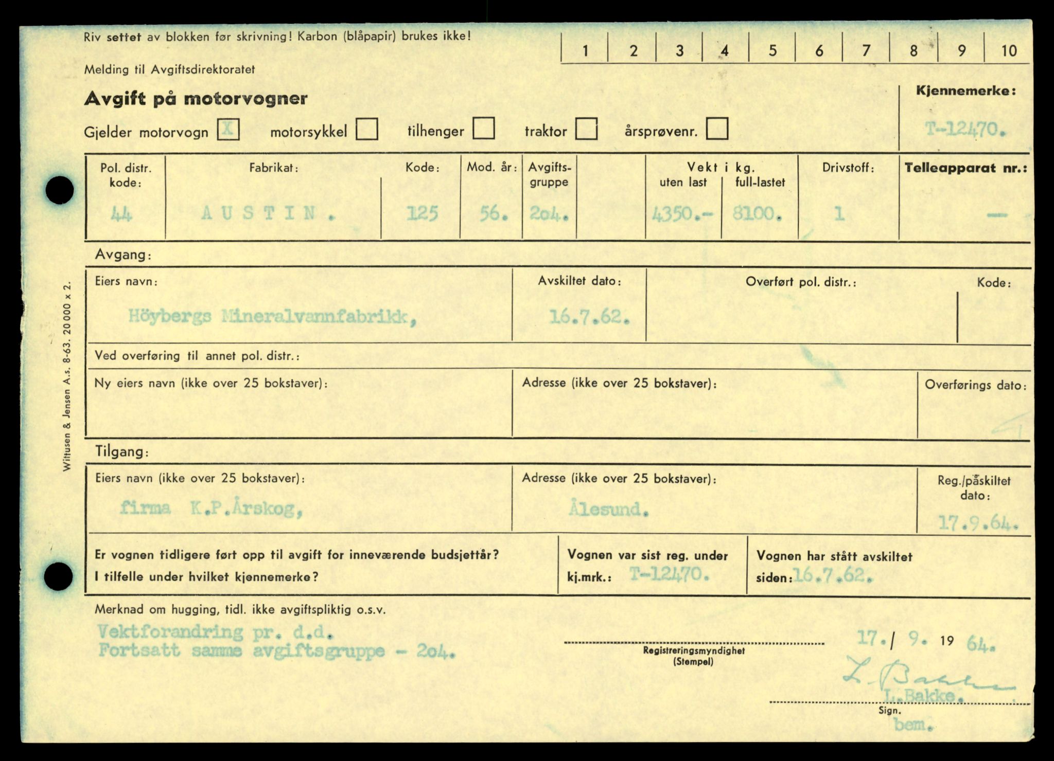 Møre og Romsdal vegkontor - Ålesund trafikkstasjon, AV/SAT-A-4099/F/Fe/L0033: Registreringskort for kjøretøy T 12151 - T 12474, 1927-1998, p. 3661