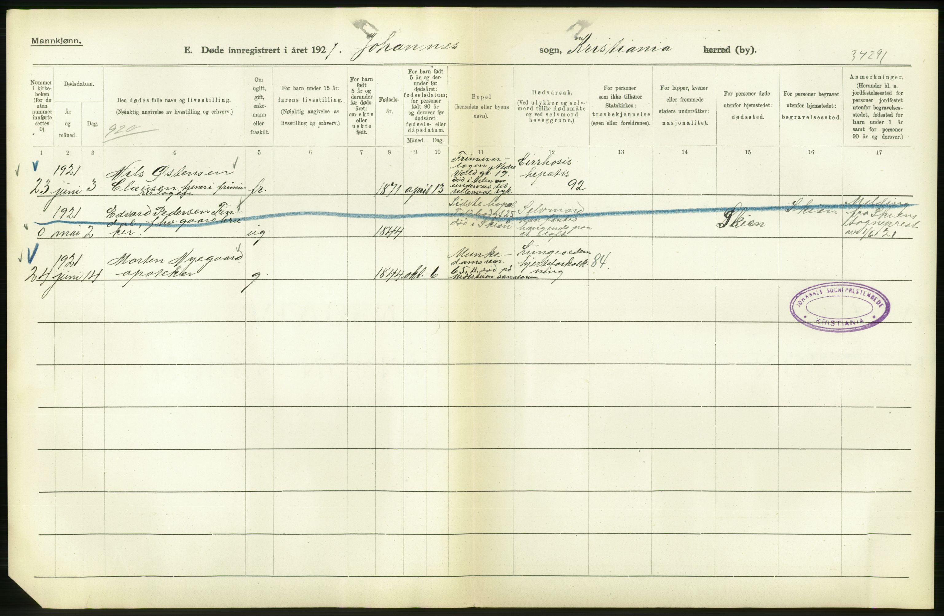 Statistisk sentralbyrå, Sosiodemografiske emner, Befolkning, AV/RA-S-2228/D/Df/Dfc/Dfca/L0012: Kristiania: Døde, 1921, p. 546