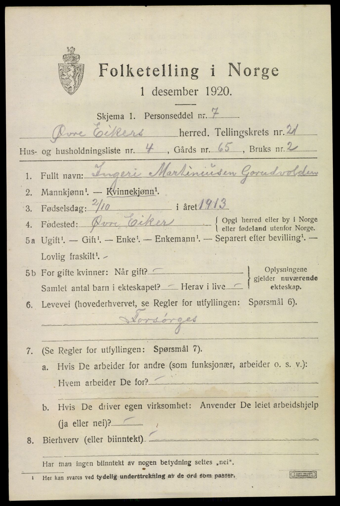 SAKO, 1920 census for Øvre Eiker, 1920, p. 22662