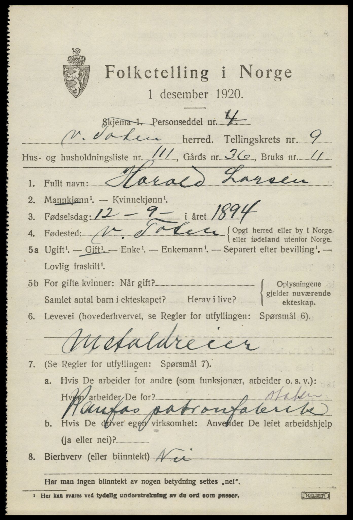 SAH, 1920 census for Vestre Toten, 1920, p. 13002