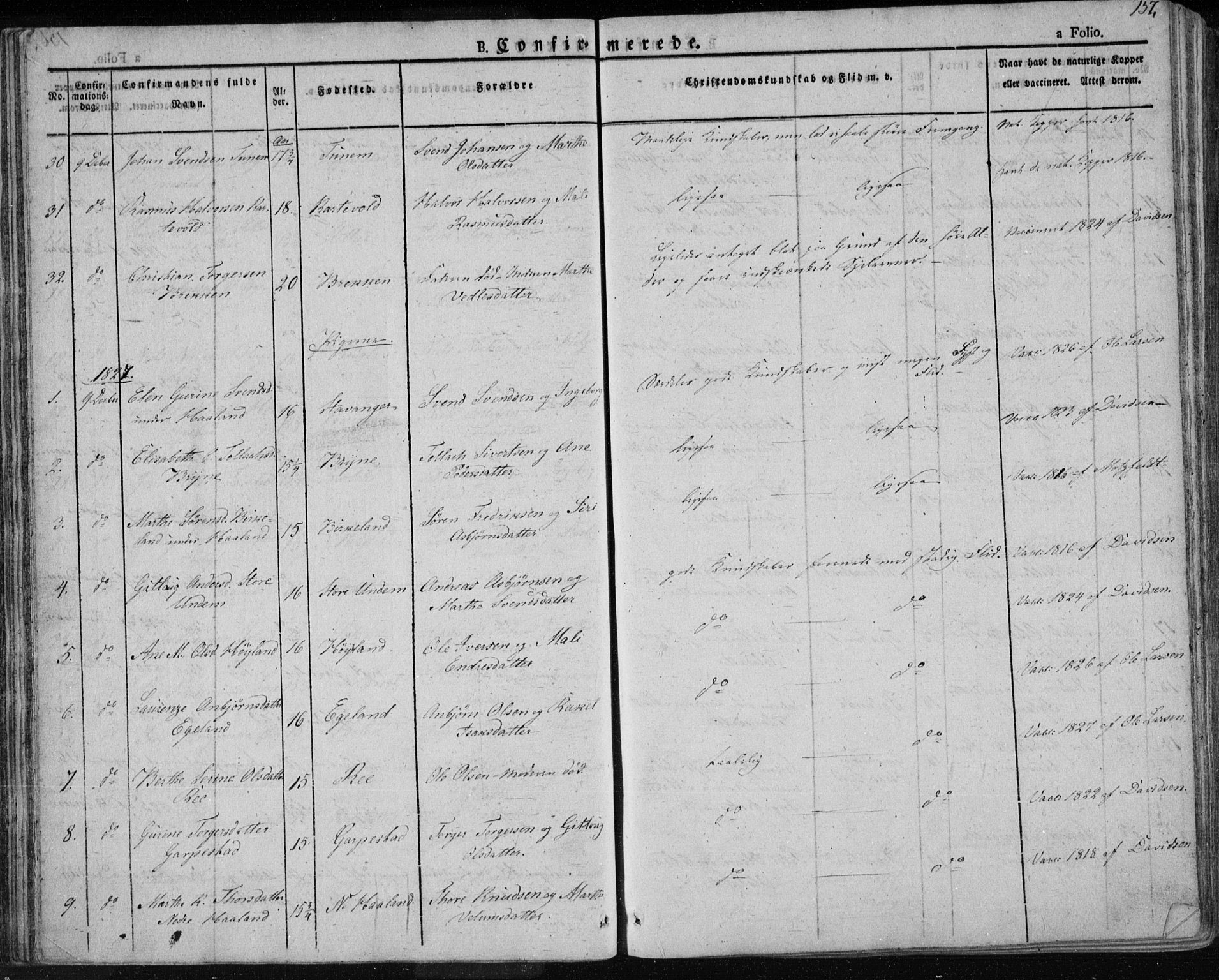 Lye sokneprestkontor, AV/SAST-A-101794/001/30BA/L0004: Parish register (official) no. A 4, 1826-1841, p. 157