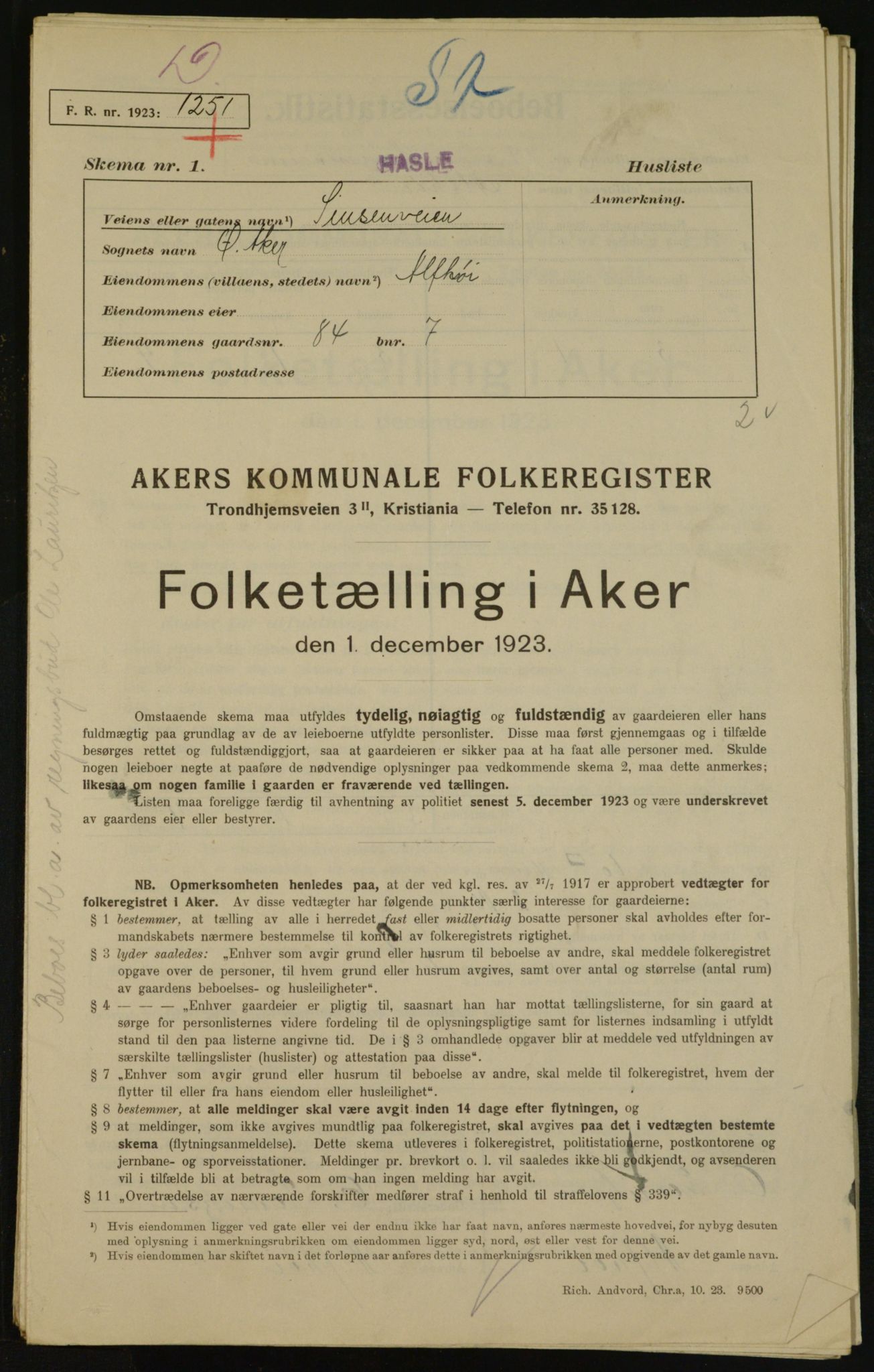 , Municipal Census 1923 for Aker, 1923, p. 30298