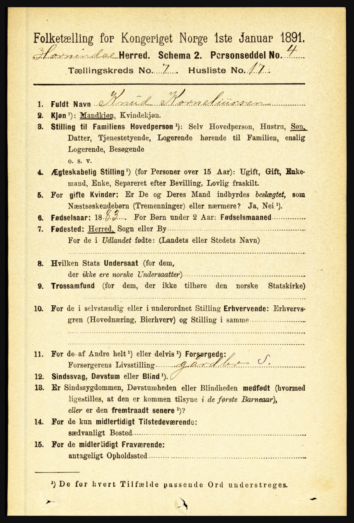 RA, 1891 census for 1444 Hornindal, 1891, p. 1863