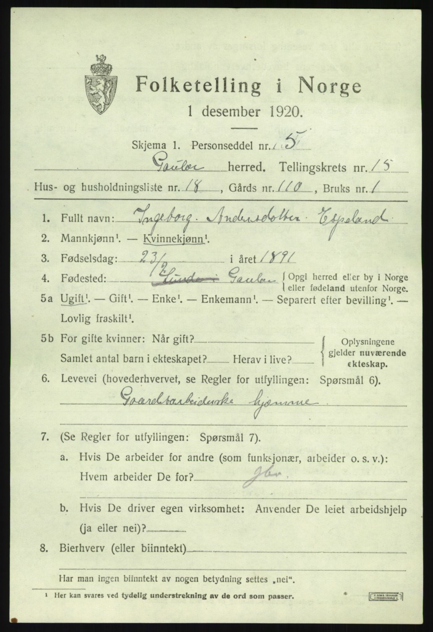 SAB, 1920 census for Gaular, 1920, p. 6888