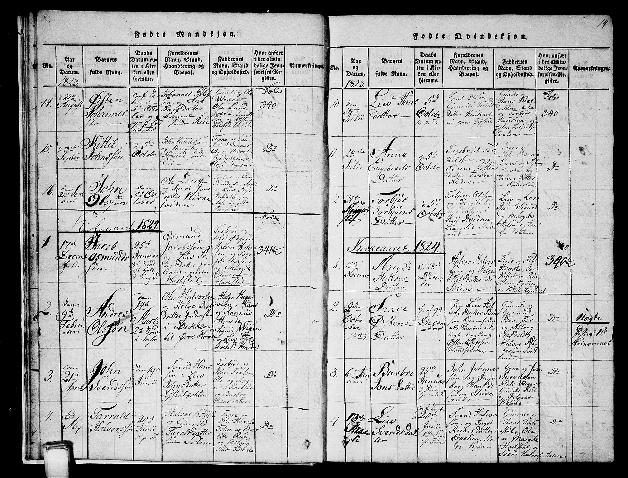 Hjartdal kirkebøker, AV/SAKO-A-270/G/Gc/L0001: Parish register (copy) no. III 1, 1815-1842, p. 14