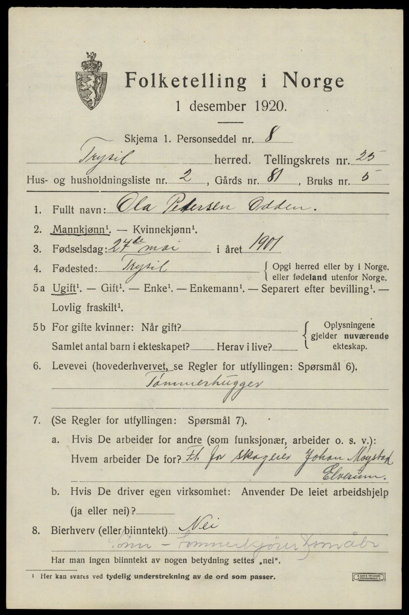 SAH, 1920 census for Trysil, 1920, p. 15711
