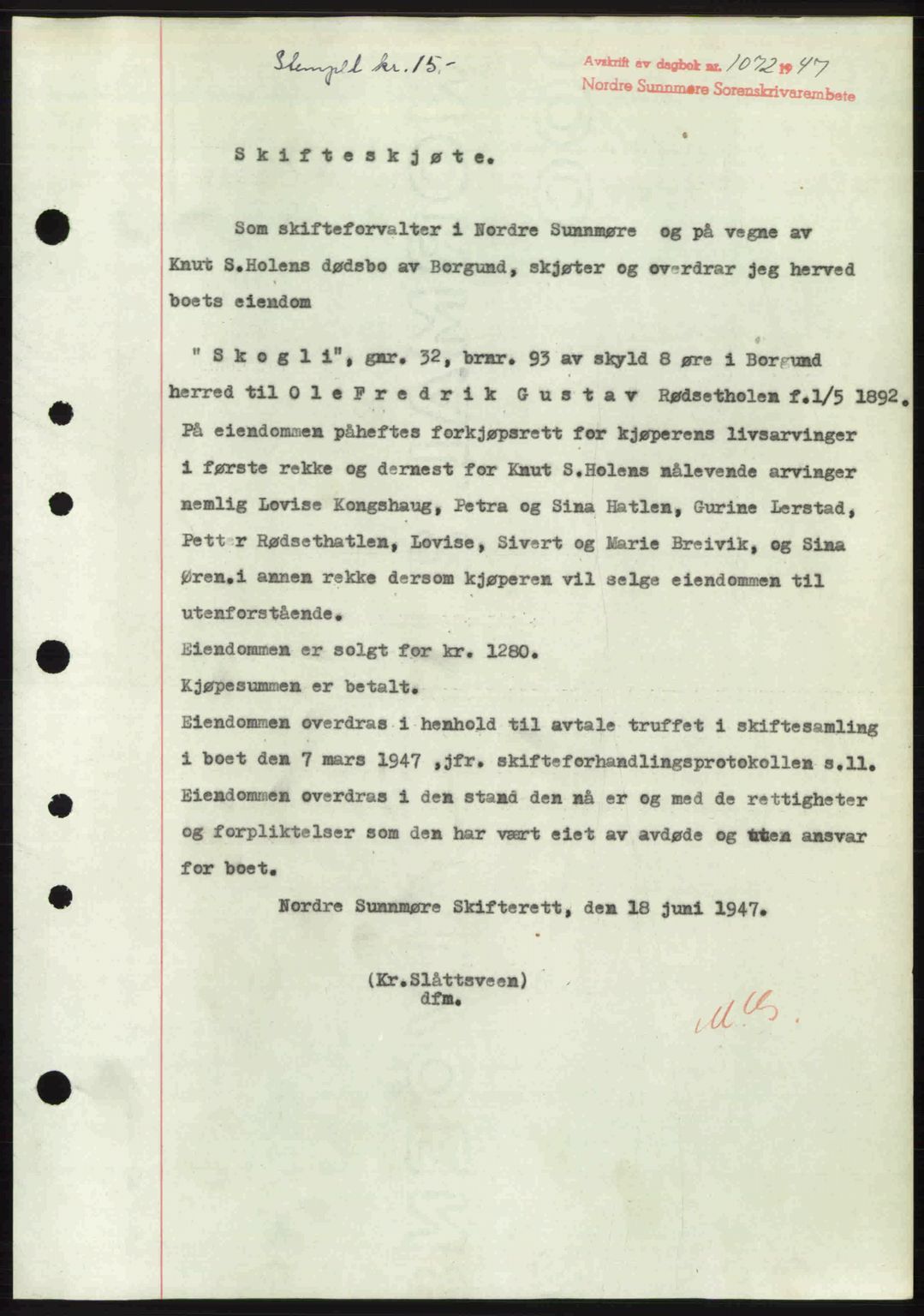 Nordre Sunnmøre sorenskriveri, AV/SAT-A-0006/1/2/2C/2Ca: Mortgage book no. A24, 1947-1947, Diary no: : 1072/1947