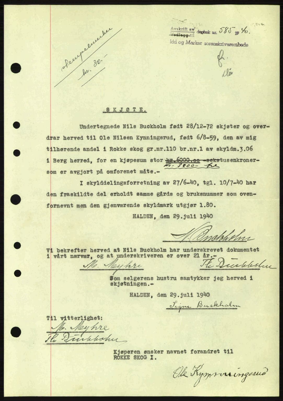 Idd og Marker sorenskriveri, AV/SAO-A-10283/G/Gb/Gbb/L0004: Mortgage book no. A4, 1940-1941, Diary no: : 585/1940