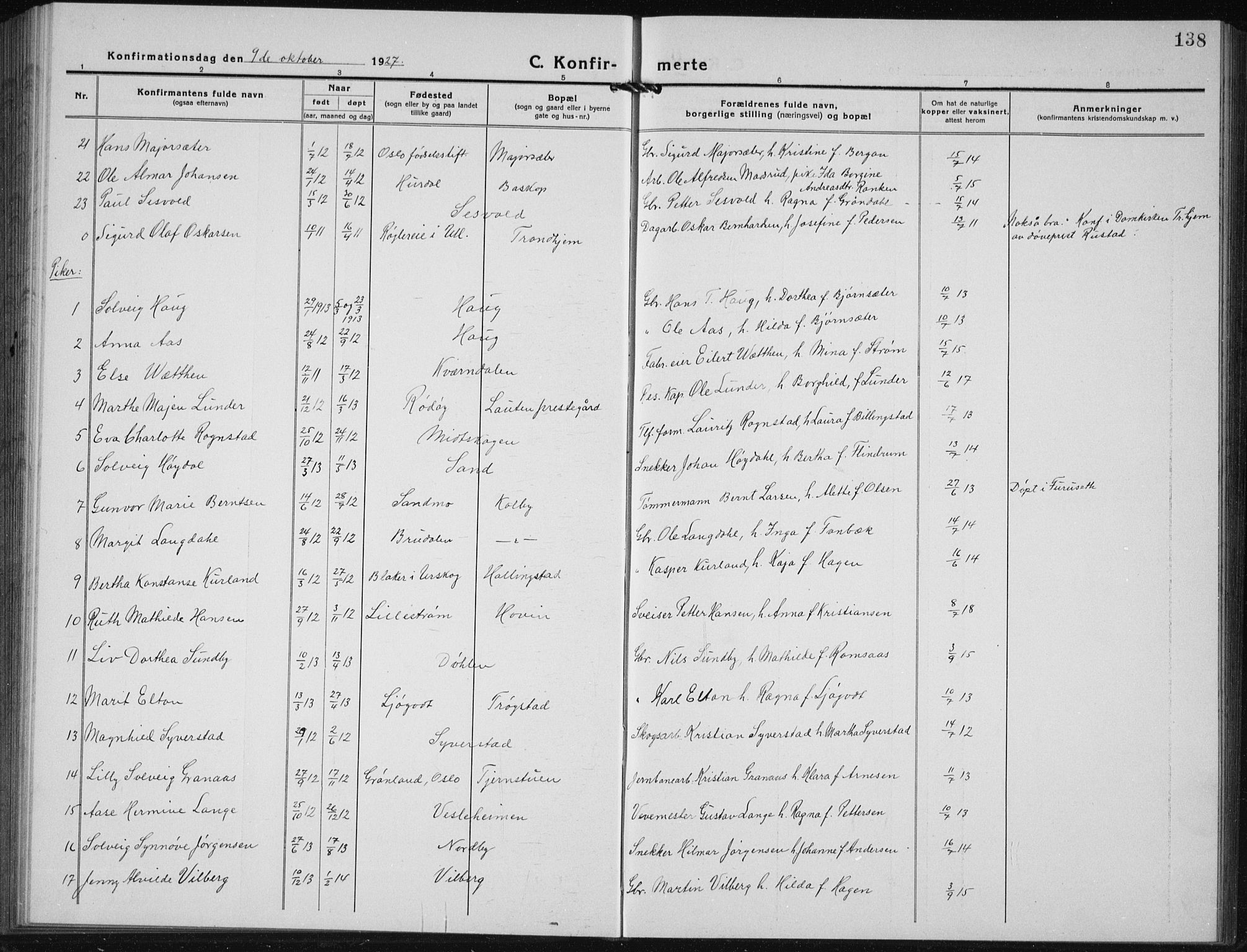 Ullensaker prestekontor Kirkebøker, SAO/A-10236a/G/Gb/L0002: Parish register (copy) no. II 2, 1917-1941, p. 138