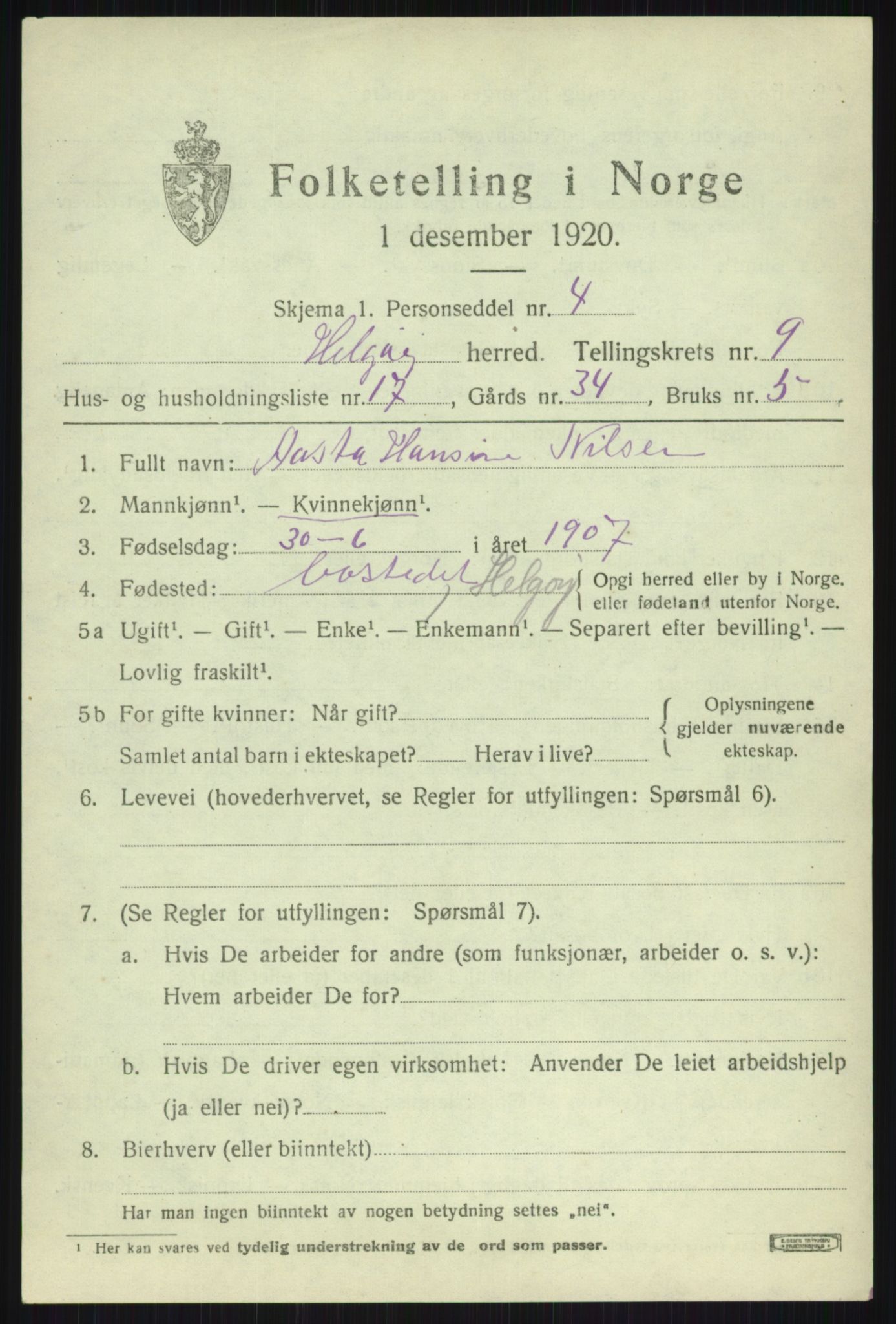 SATØ, 1920 census for Helgøy, 1920, p. 3507