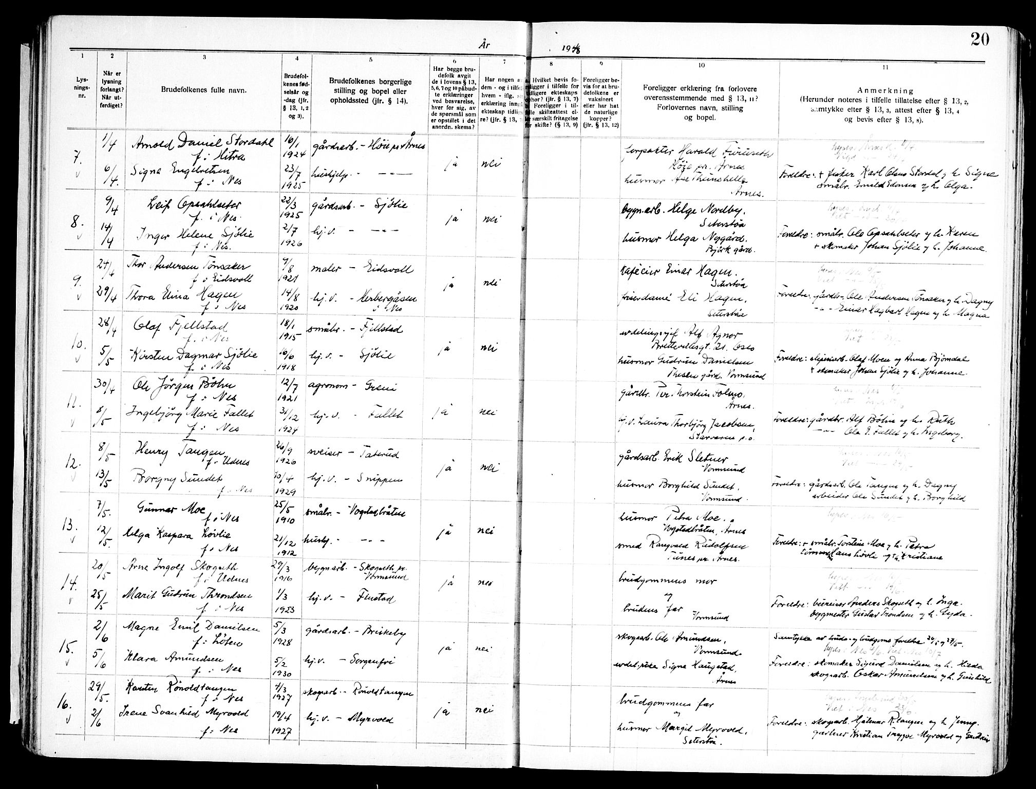 Nes prestekontor Kirkebøker, AV/SAO-A-10410/H/L0003: Banns register no. 3, 1942-1972, p. 20