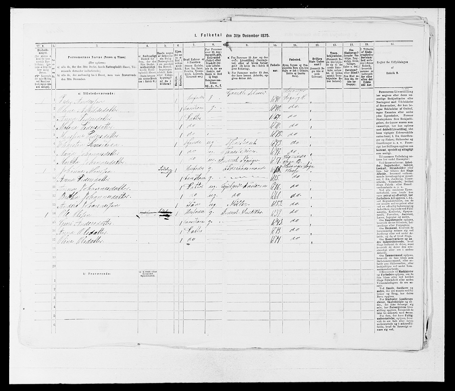 SAB, 1875 census for 1253P Hosanger, 1875, p. 424