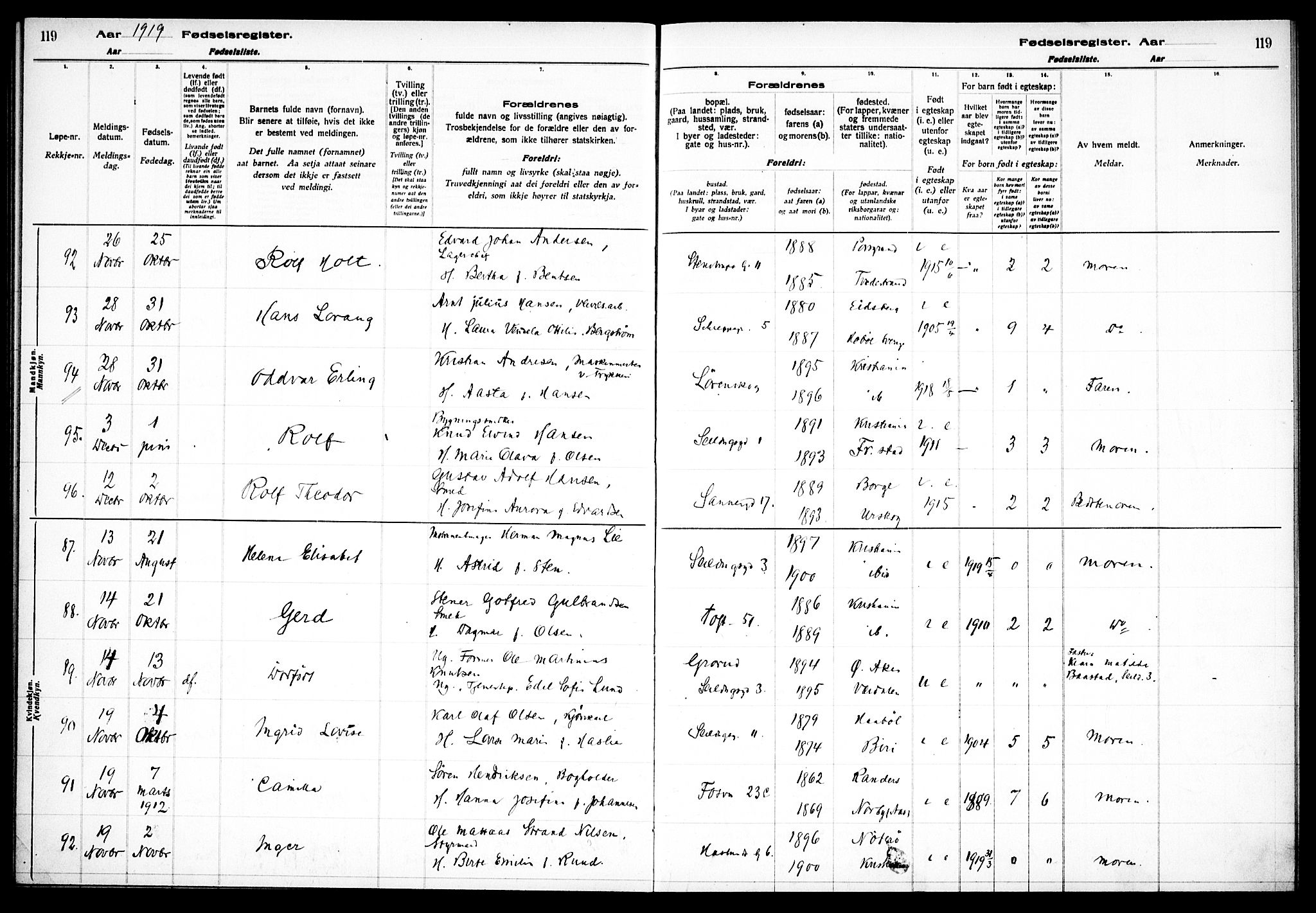 Paulus prestekontor Kirkebøker, AV/SAO-A-10871/J/Ja/L0001: Birth register no. 1, 1916-1923, p. 119